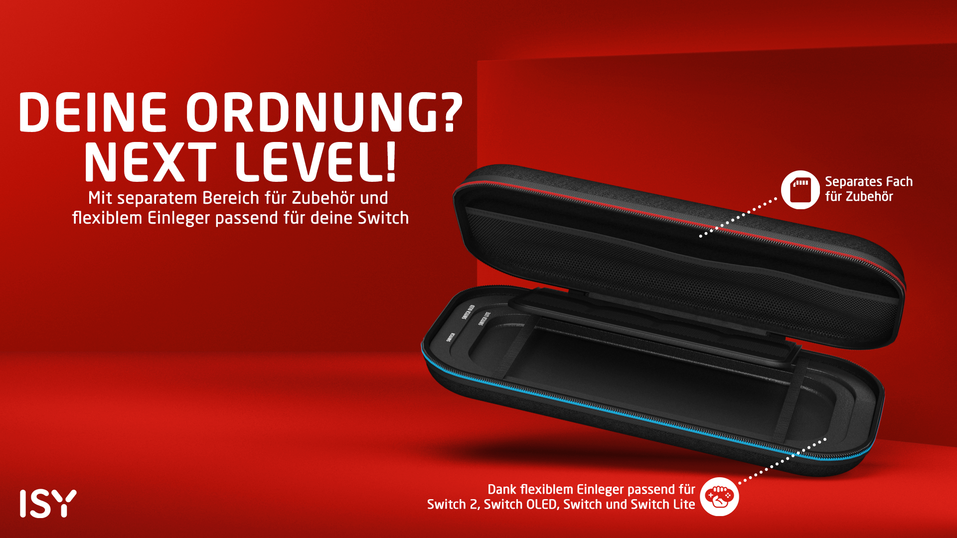 Schwarze Nintendo Switch Tasche auf rotem Hintergrund mit Hinweisen zu Fach und Einleger.