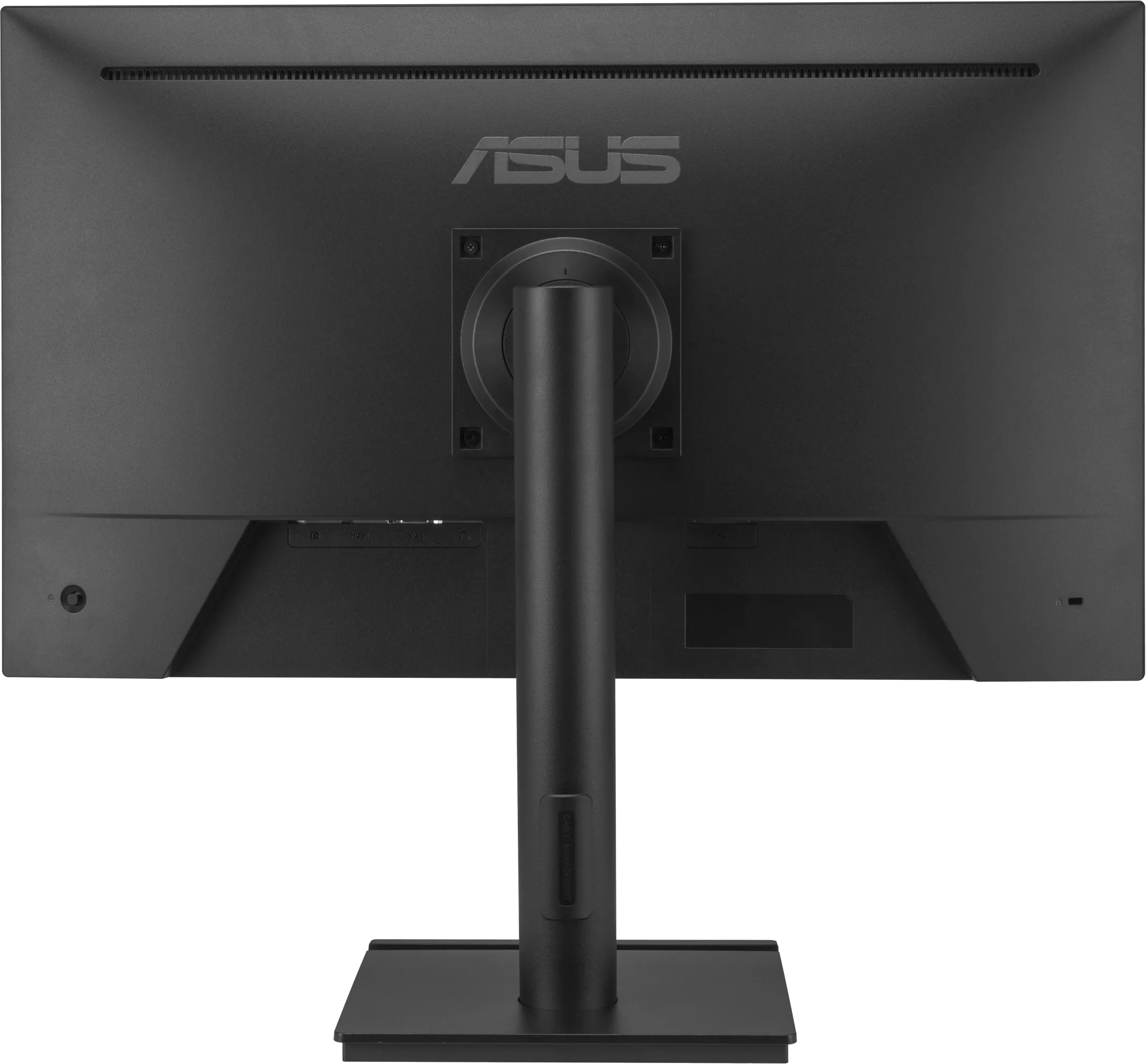 Egy fekete Asus monitor hátoldala állvánnyal, csatlakozókkal és márkajelzéssel.