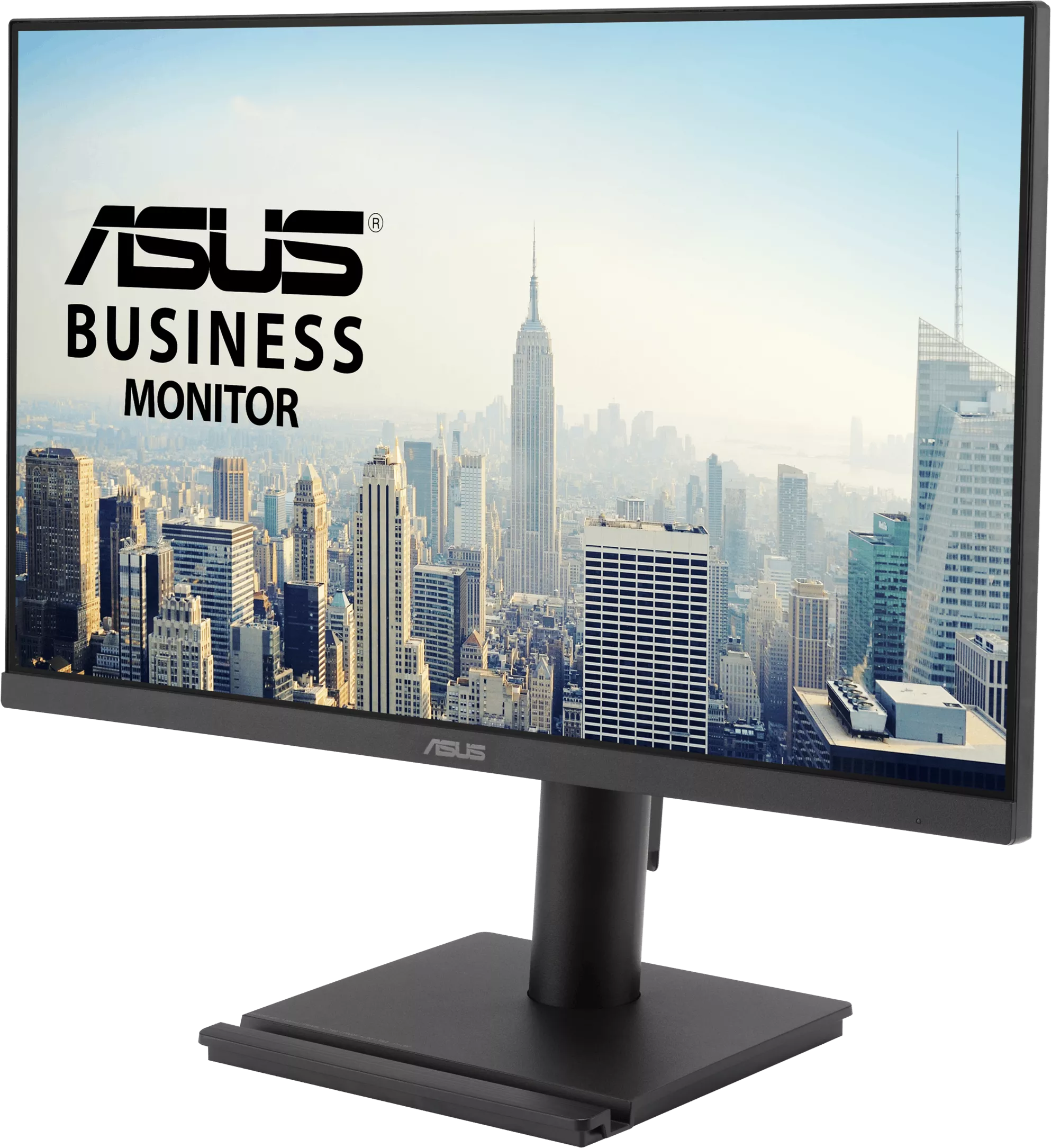 ASUS üzleti monitor fekete állvánnyal, képernyőjén New York látképével.