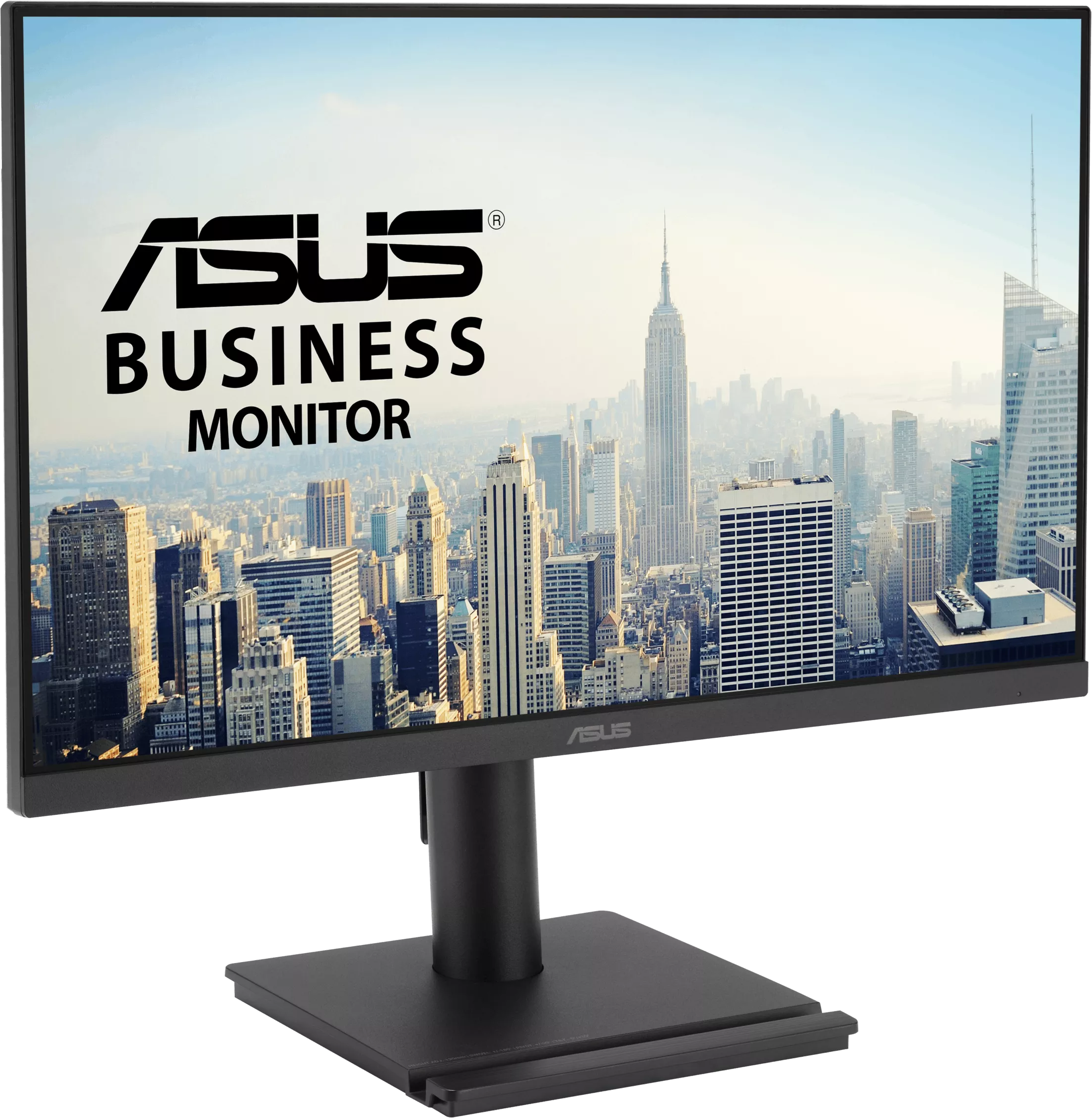 Egy ASUS üzleti monitor állványon, várossziluett háttérképével, fekete háttér előtt.