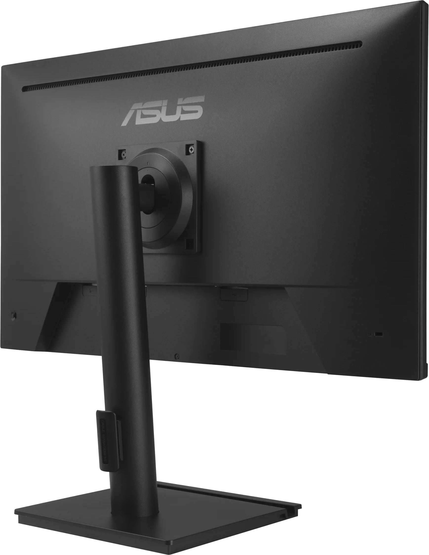 Egy fekete Asus monitor hátulnézete állványon, integrált kábelkezeléssel.