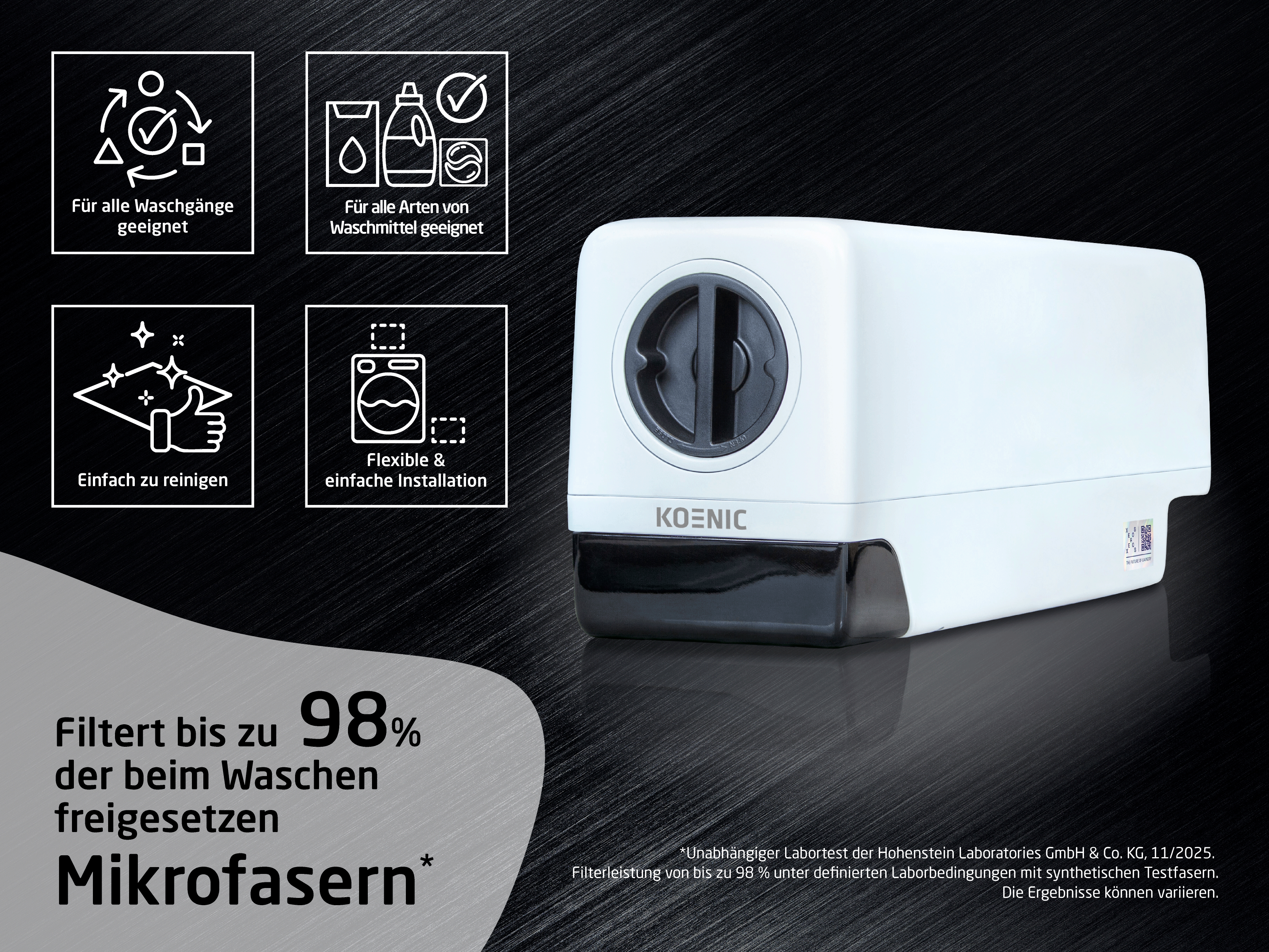 Weißes Koenic-Gerät mit Filterfunktion auf dunklem Hintergrund, umgeben von erklärenden Icons.