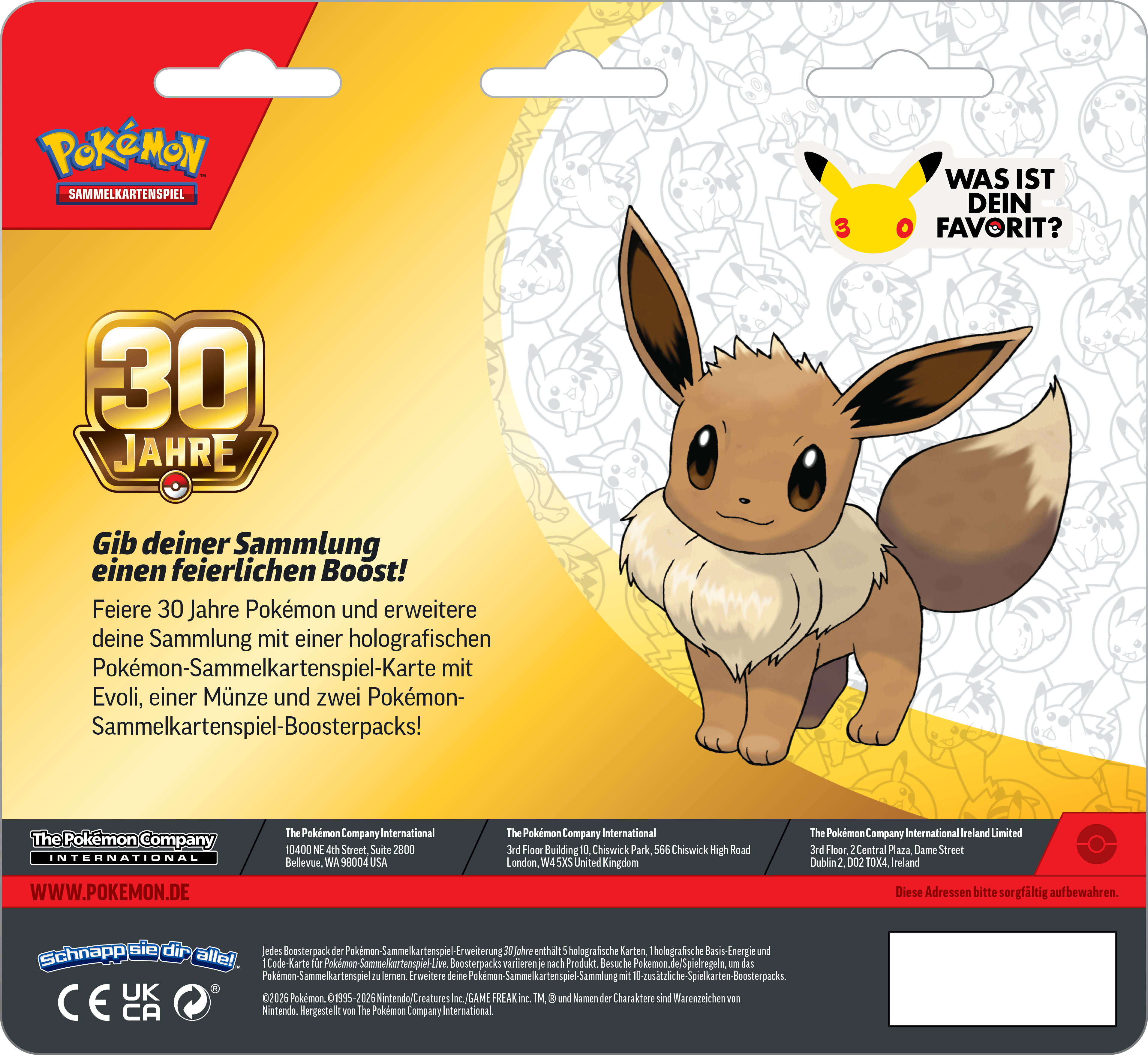 Rückseite einer Pokémon-Sammelkartenspielpackung mit Evoli-Grafik und Texten auf gelbem Grund.