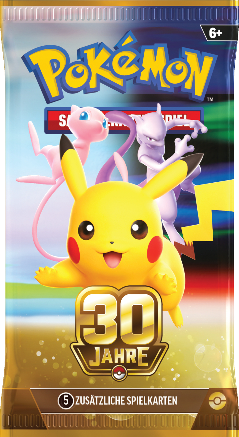 Pokémon 30 Jahre Jubiläums-Sammelkartenspiel-Boosterpack mit Pikachu, Mew und Mewtu.