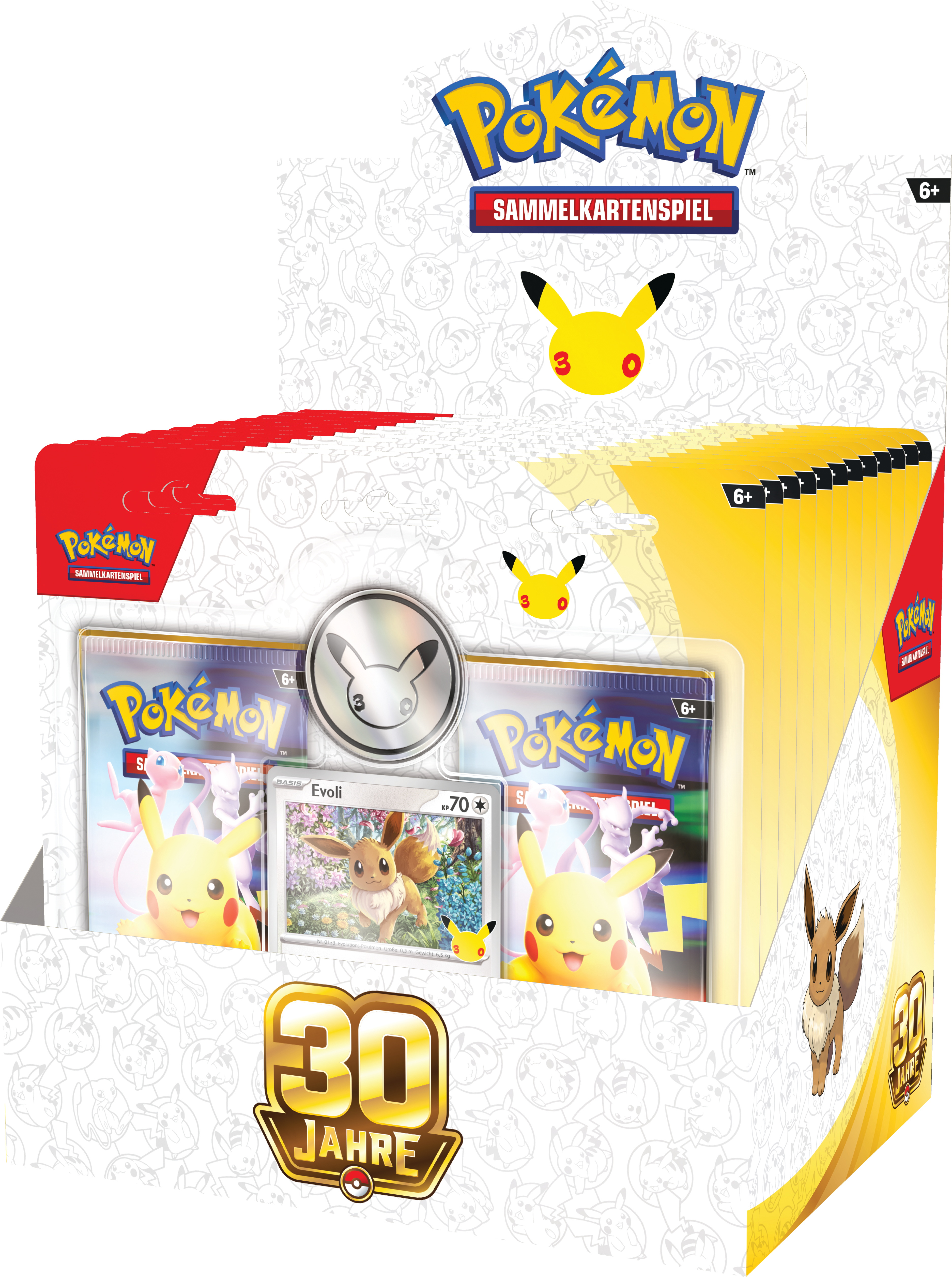 Pokémon Sammelkartenspiel Display mit Evoli Karte und Pikachu Motiven.