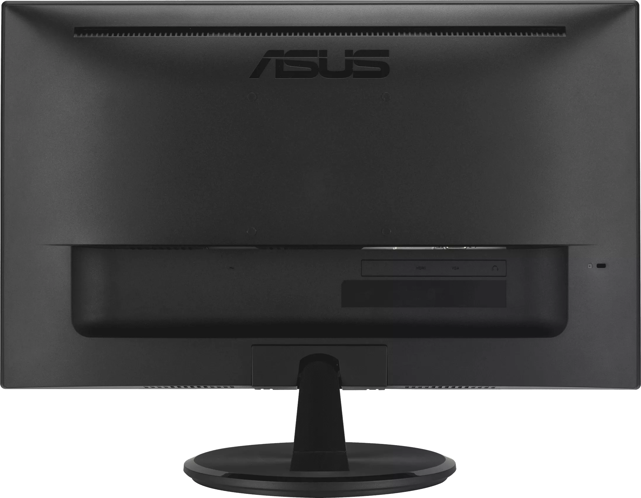 Egy fekete ASUS monitor hátulja állvánnyal és látható portokkal.