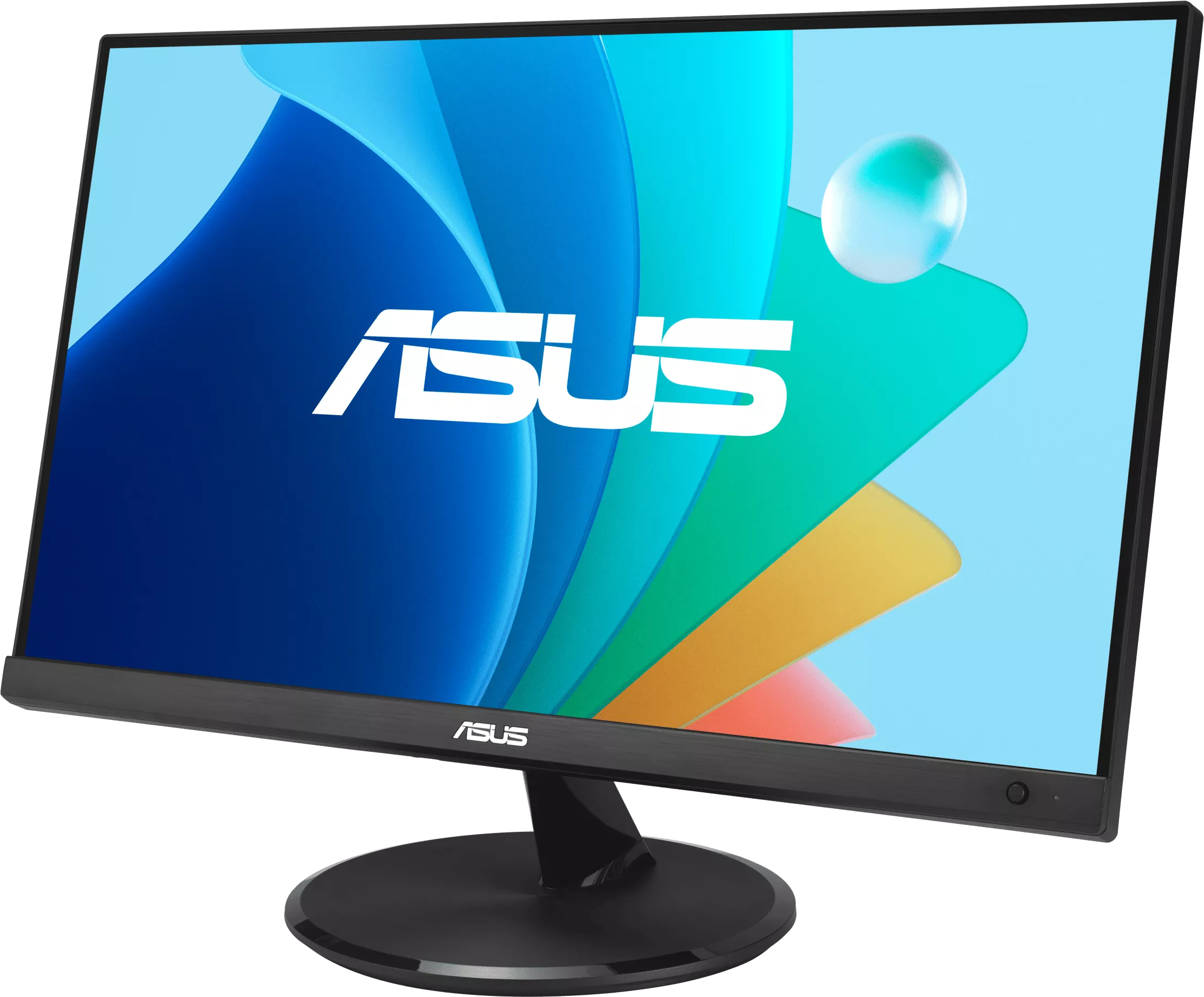 Fekete ASUS monitor színes absztrakt háttérrel a képernyőn és kerek talpazattal.