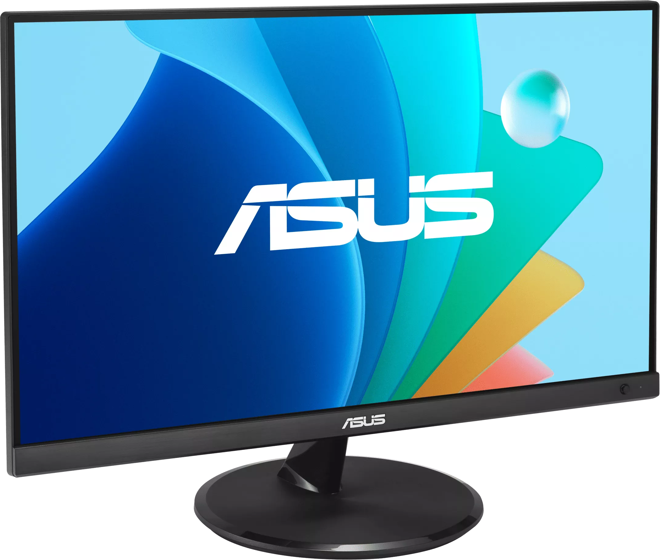 Egy fekete ASUS monitor, amelyen kék  és színes absztrakt háttér látható a képernyőn.