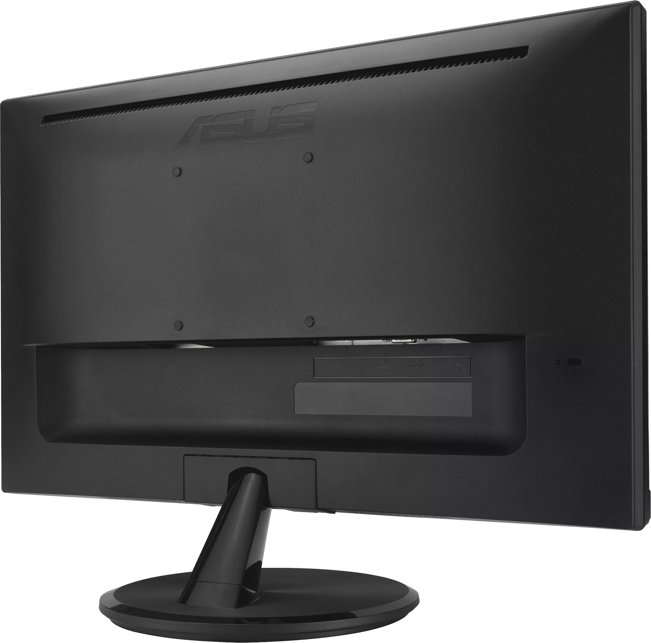 Egy fekete ASUS monitor hátoldala állvánnyal és látható csatlakozóportokkal.