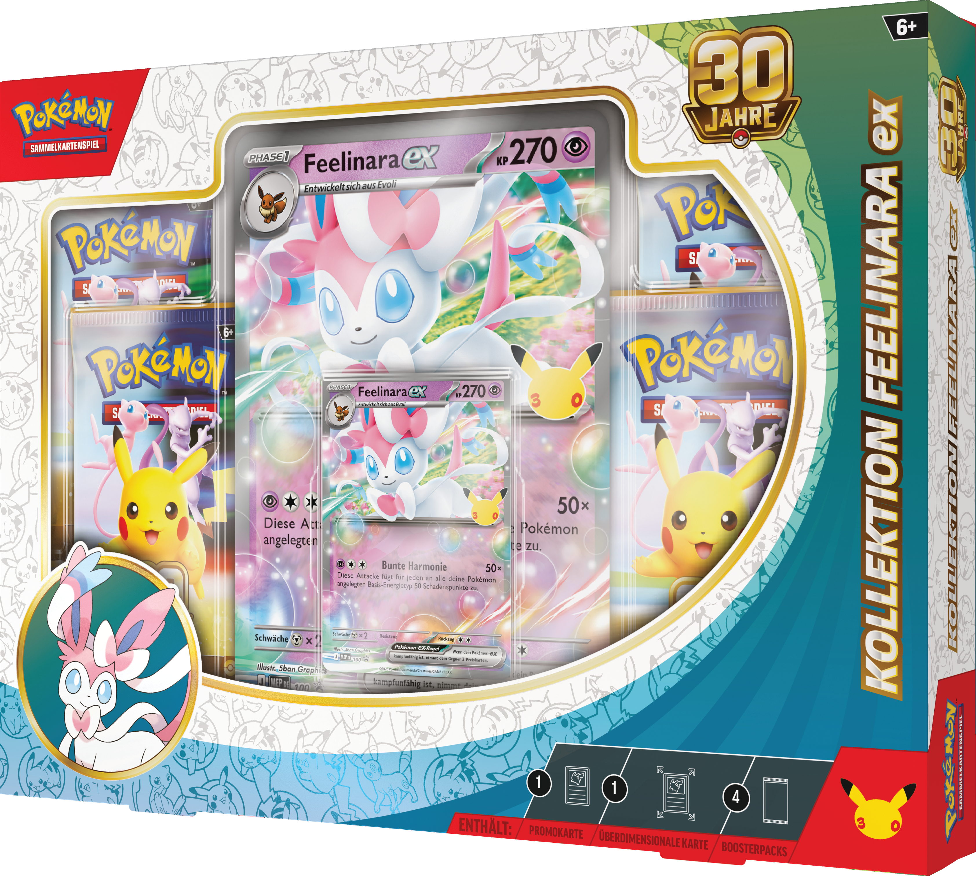 Pokémon Feelinara ex Kollektion mit großem und normaler Karte sowie Boosterpacks in bunter Verpackung.