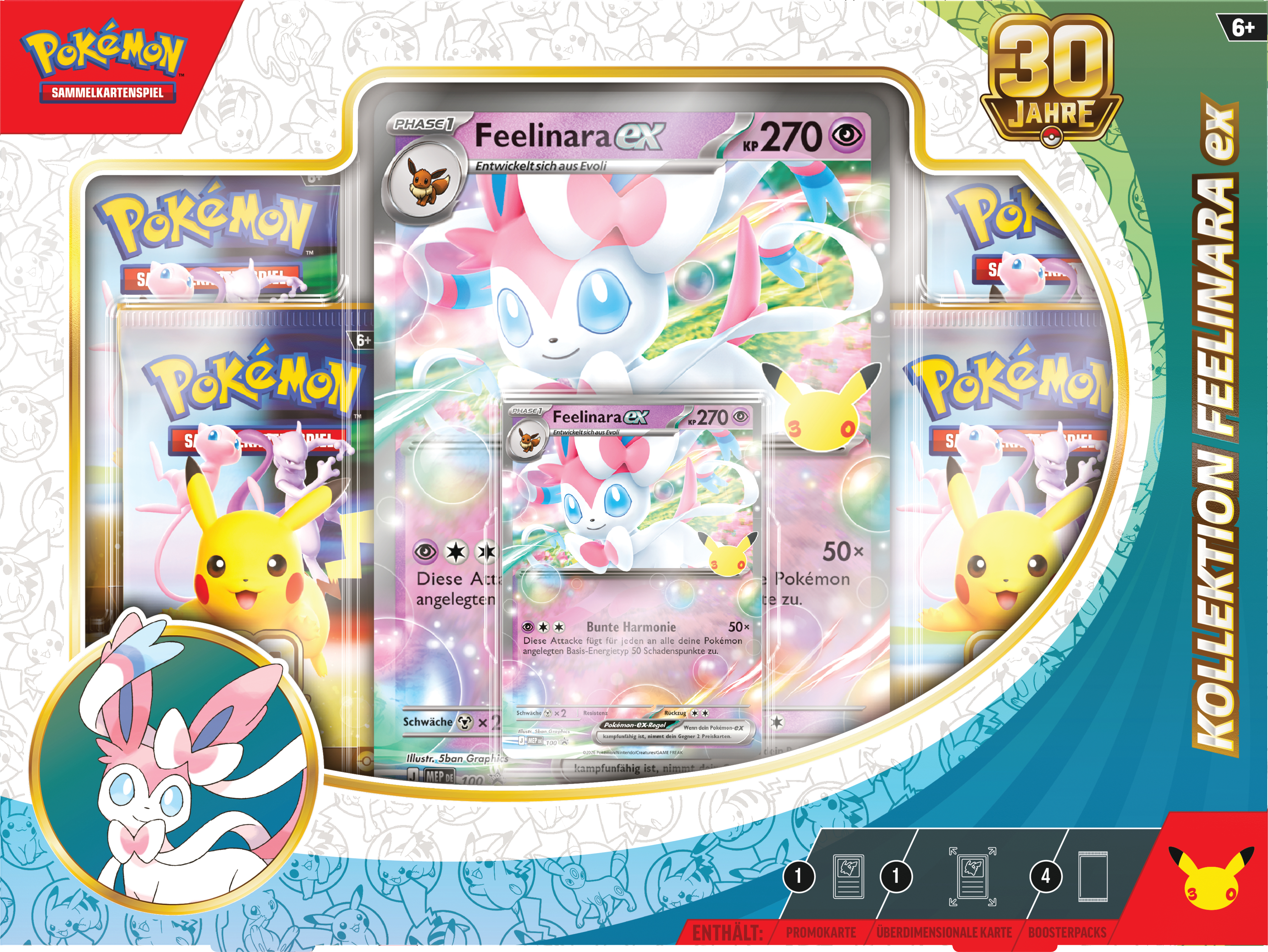 Pokémon Feelinara ex Kollektion mit Promokarte, überdimensionaler Karte und vier Boosterpacks in einer Box.