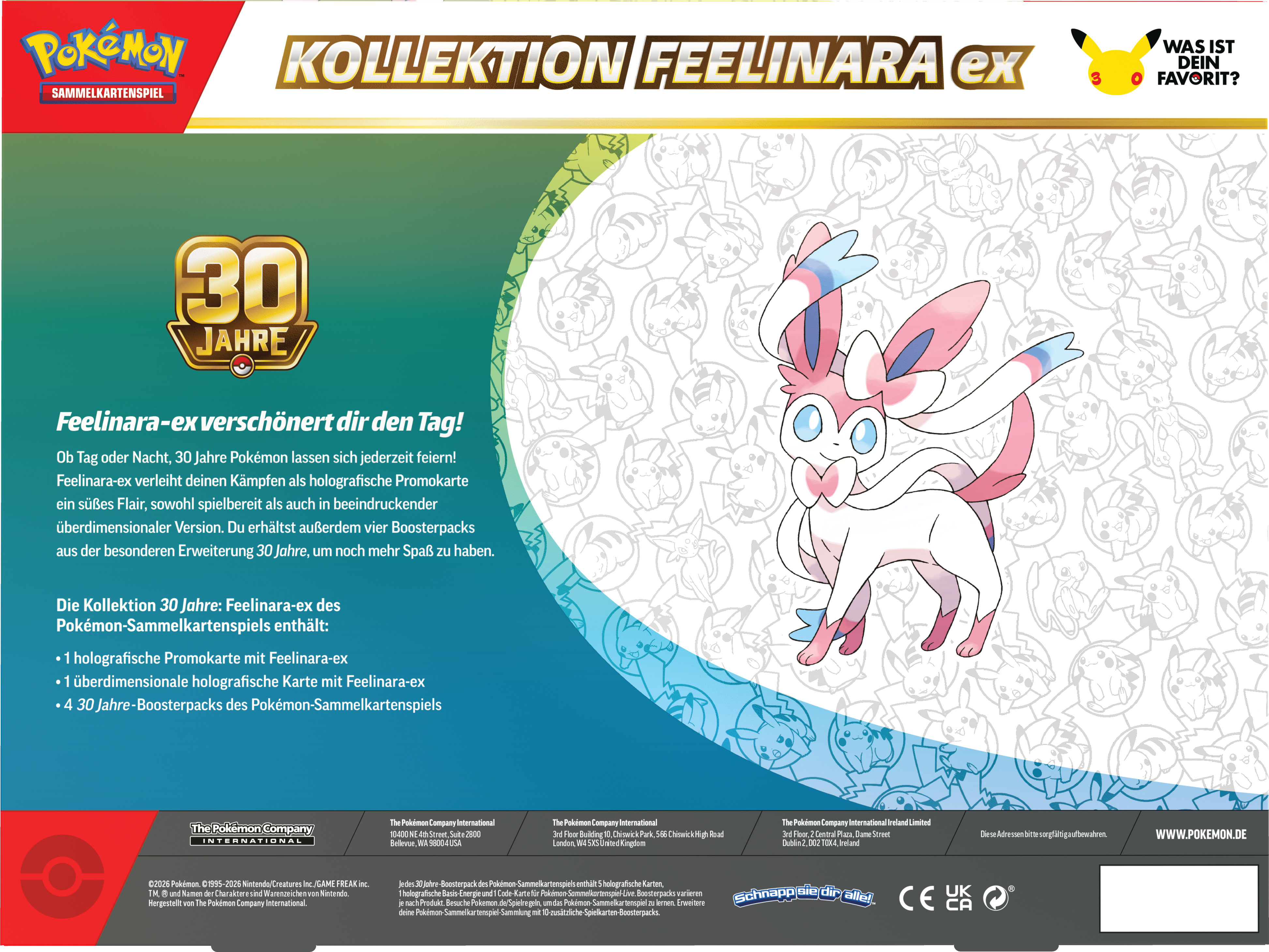 Pokémon 30 Jahre Kollektion Feelinara-ex Box mit Pikachu-Illustration und Produktinformationen auf Deutsch.