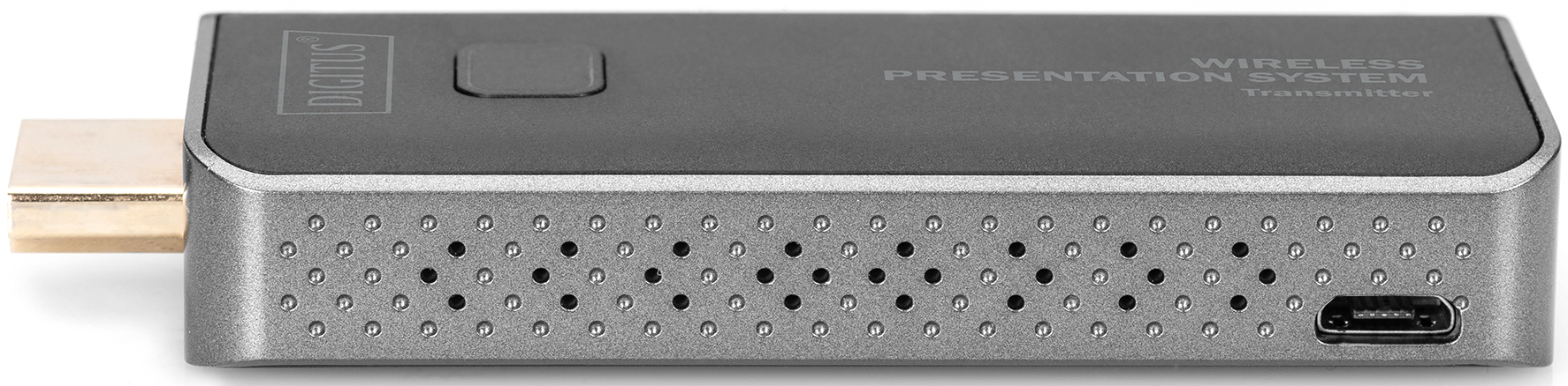 Ein schwarz-grauer Digitus Wireless Presentation System Sender mit HDMI-Stecker links und USB-Anschluss.