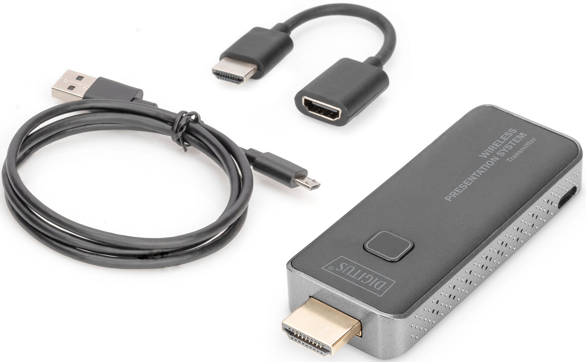 Ein drahtloses Präsentationssystem mit einem HDMI-Dongle, einem USB-Kabel und einem kurzen HDMI-Adapter auf weißem Grund.