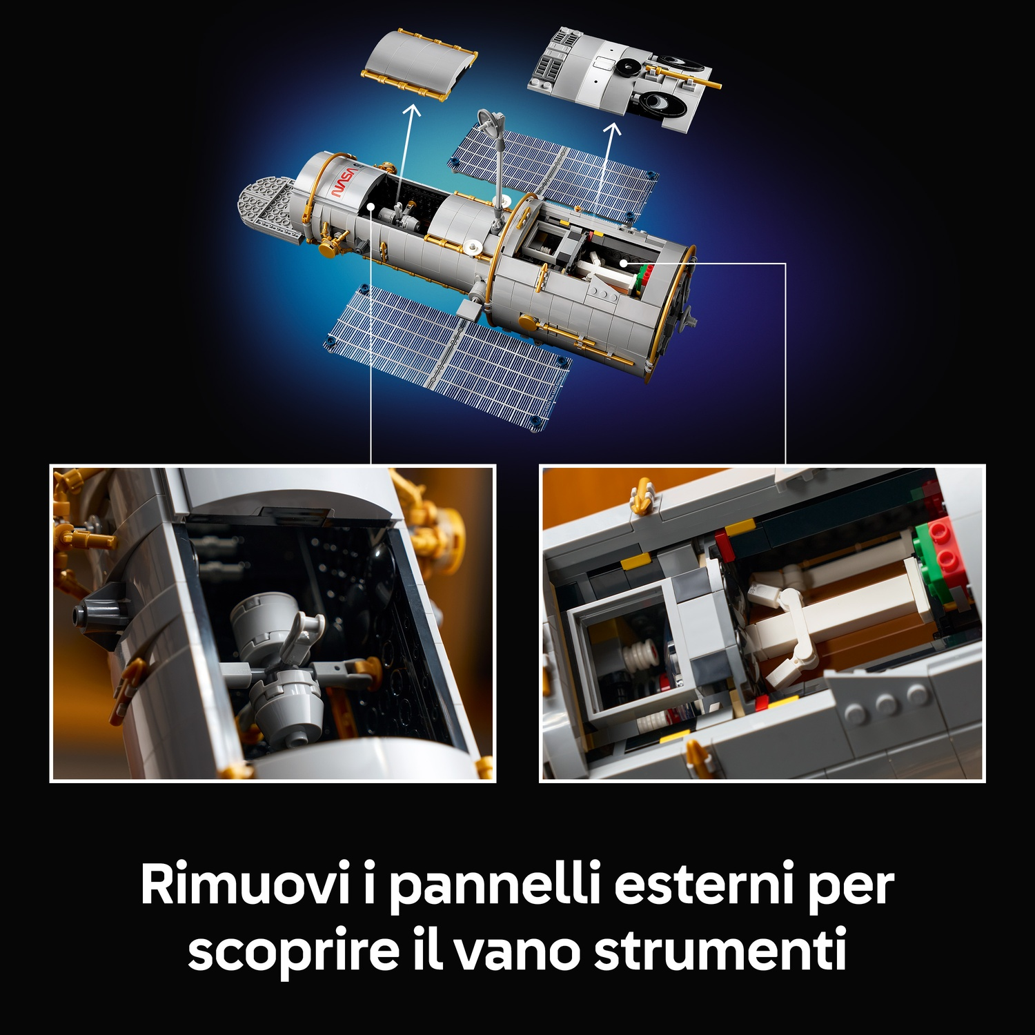 Telescopio spaziale Lego con pannelli rimovibili che mostrano l'interno; testo in italiano sotto.