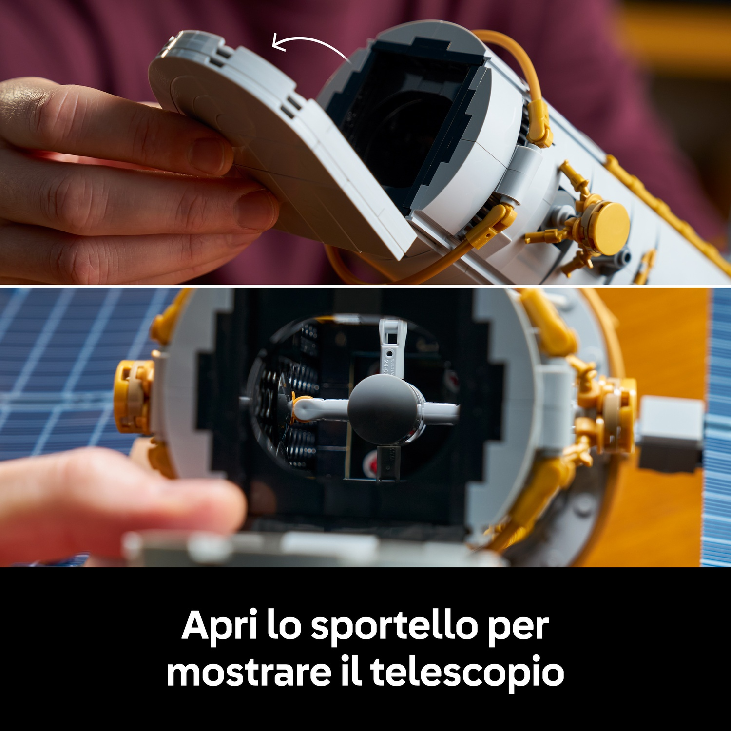 Mani aprono uno sportello su un telescopio spaziale modello, mostrando l'interno.