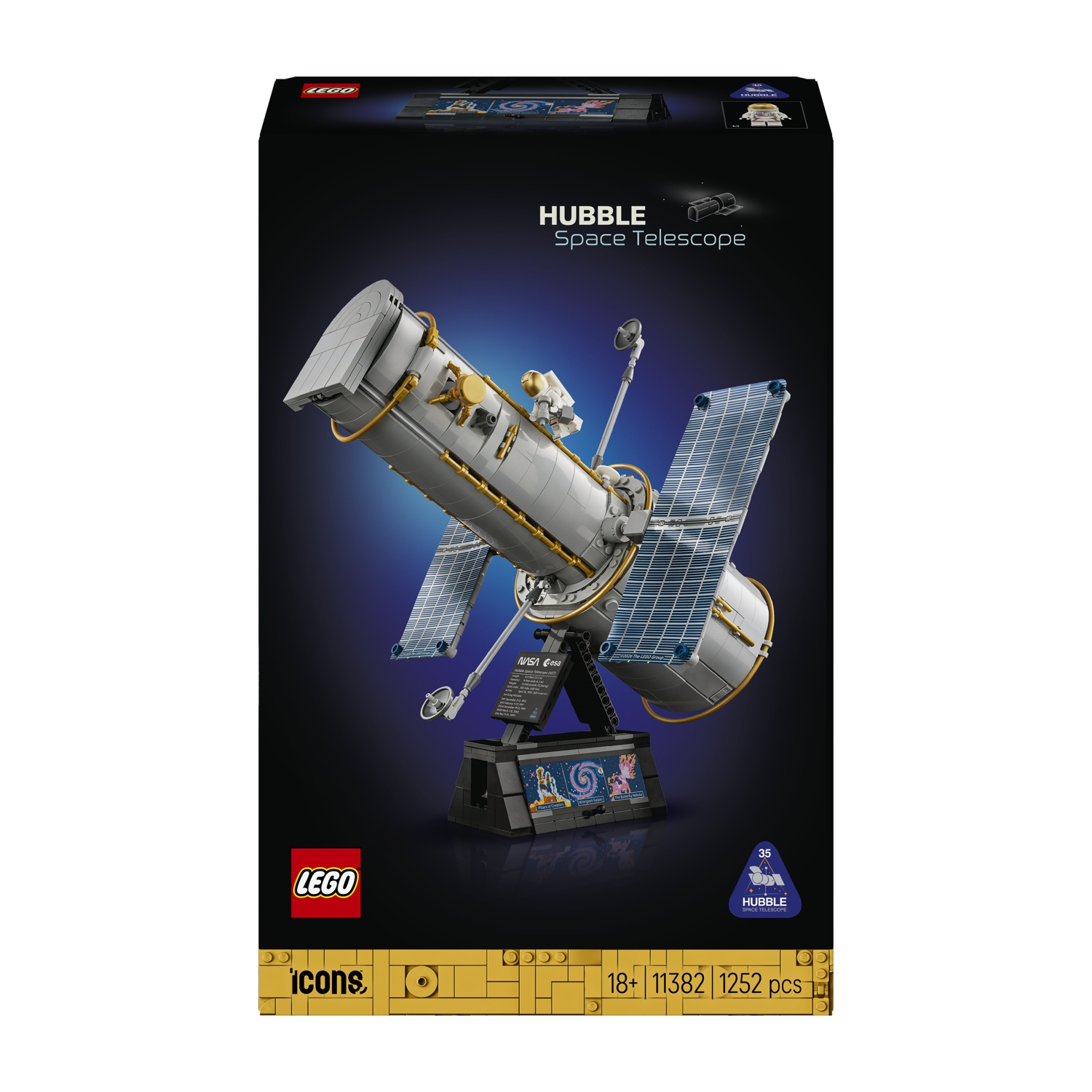 Scatola LEGO Icons del telescopio spaziale Hubble con il modello di satellite grigio e blu su supporto.