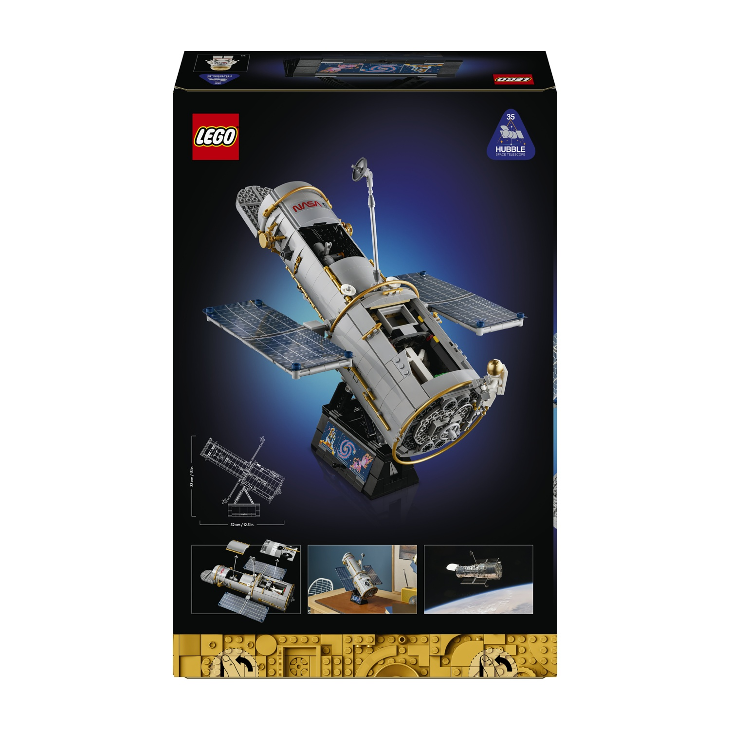 La scatola del telescopio spaziale Hubble LEGO NASA mostra il modello costruito su sfondo scuro.