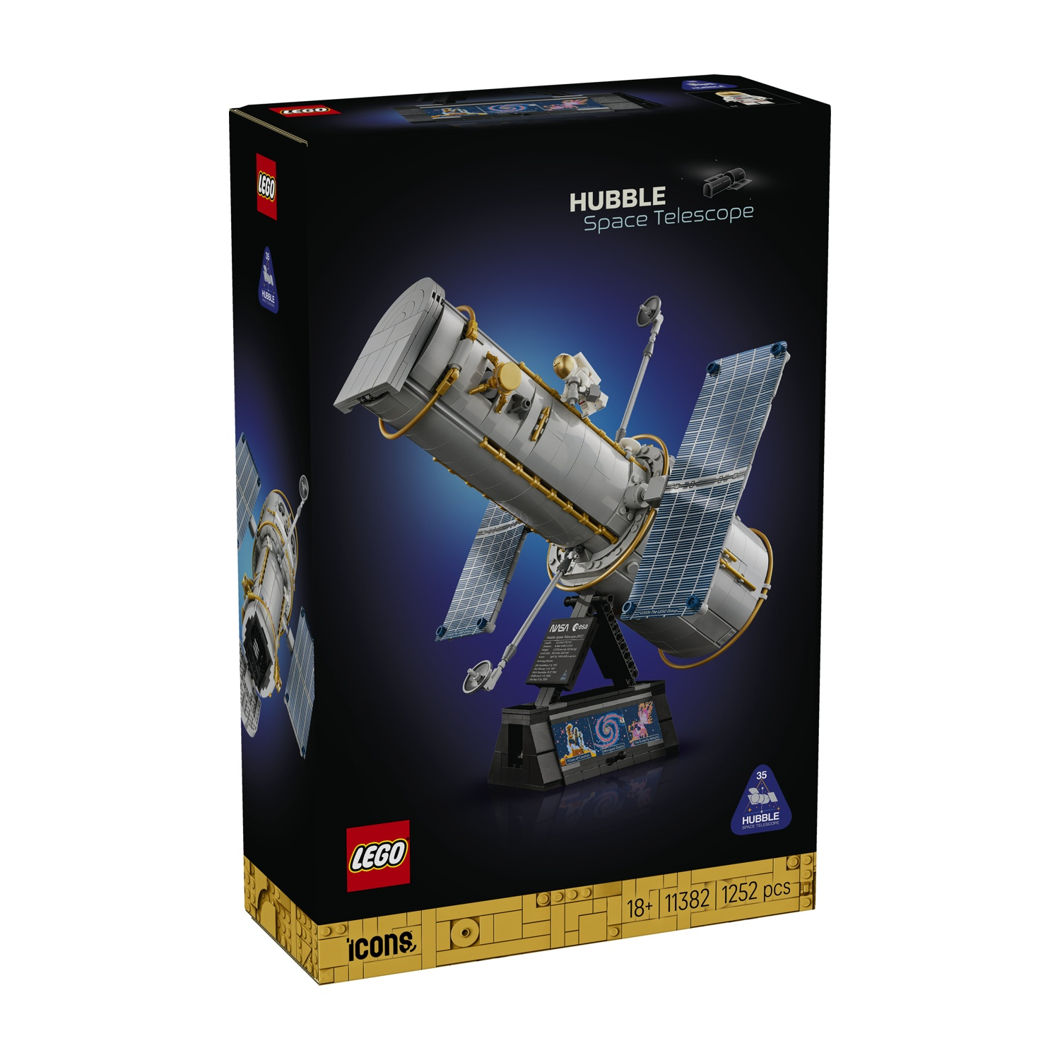 Modello Lego Icons del telescopio spaziale Hubble su un supporto espositivo in una scatola nera.