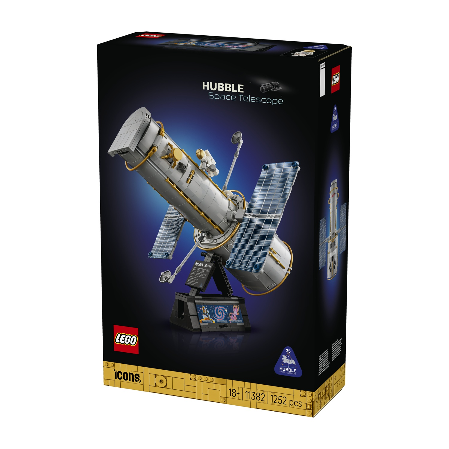 Scatola Lego Icons del Telescopio Spaziale Hubble con il modello assemblato.