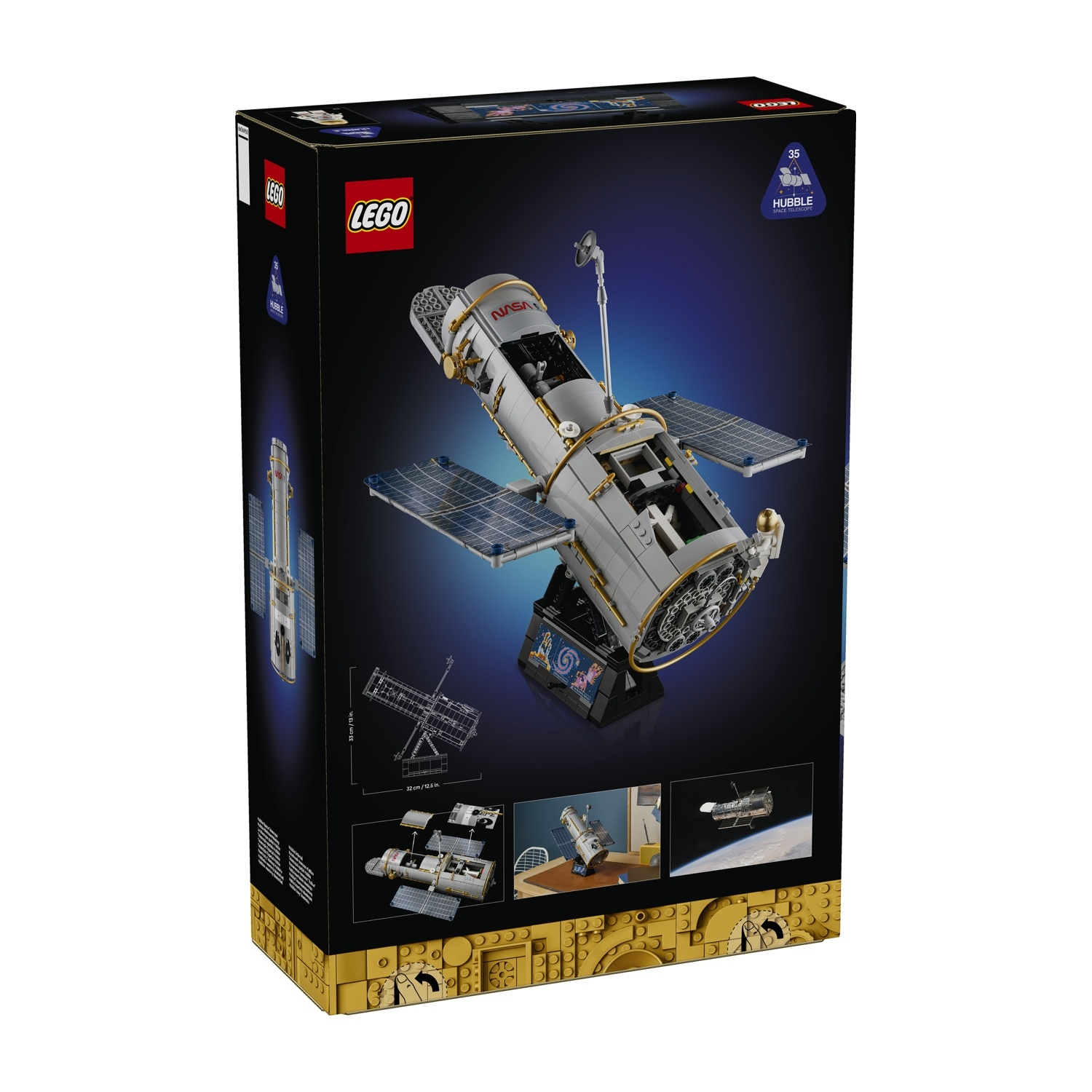 La scatola Lego mostra il modello del telescopio spaziale Hubble su un supporto.