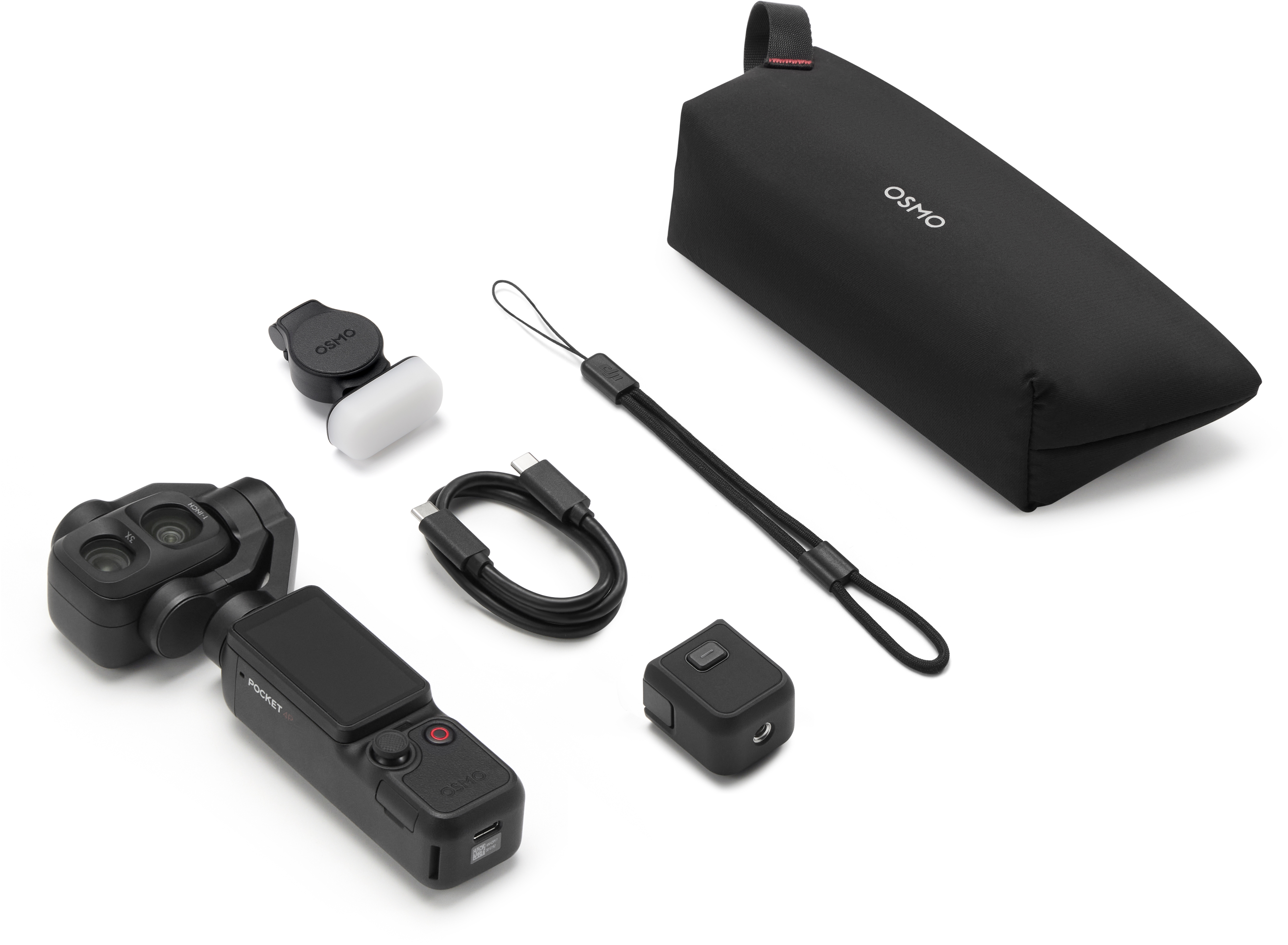 DJI Osmo Pocket 3 kamera tartozékokkal, kábellel, szíjjal, modullal és fekete tokkal fehér háttéren.