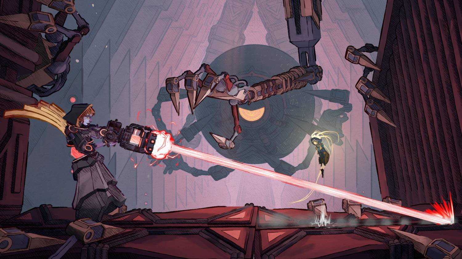 Un personaje dispara un rayo de energía roja en una sala mecánica mientras un robot gigante observa de fondo.