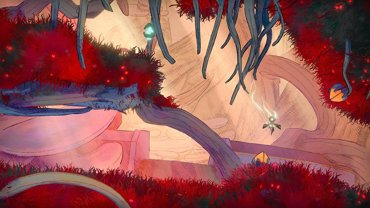 Una escena de fantasía con plantas rojas, raíces colgantes y una pequeña criatura brillante volando en un cañón.