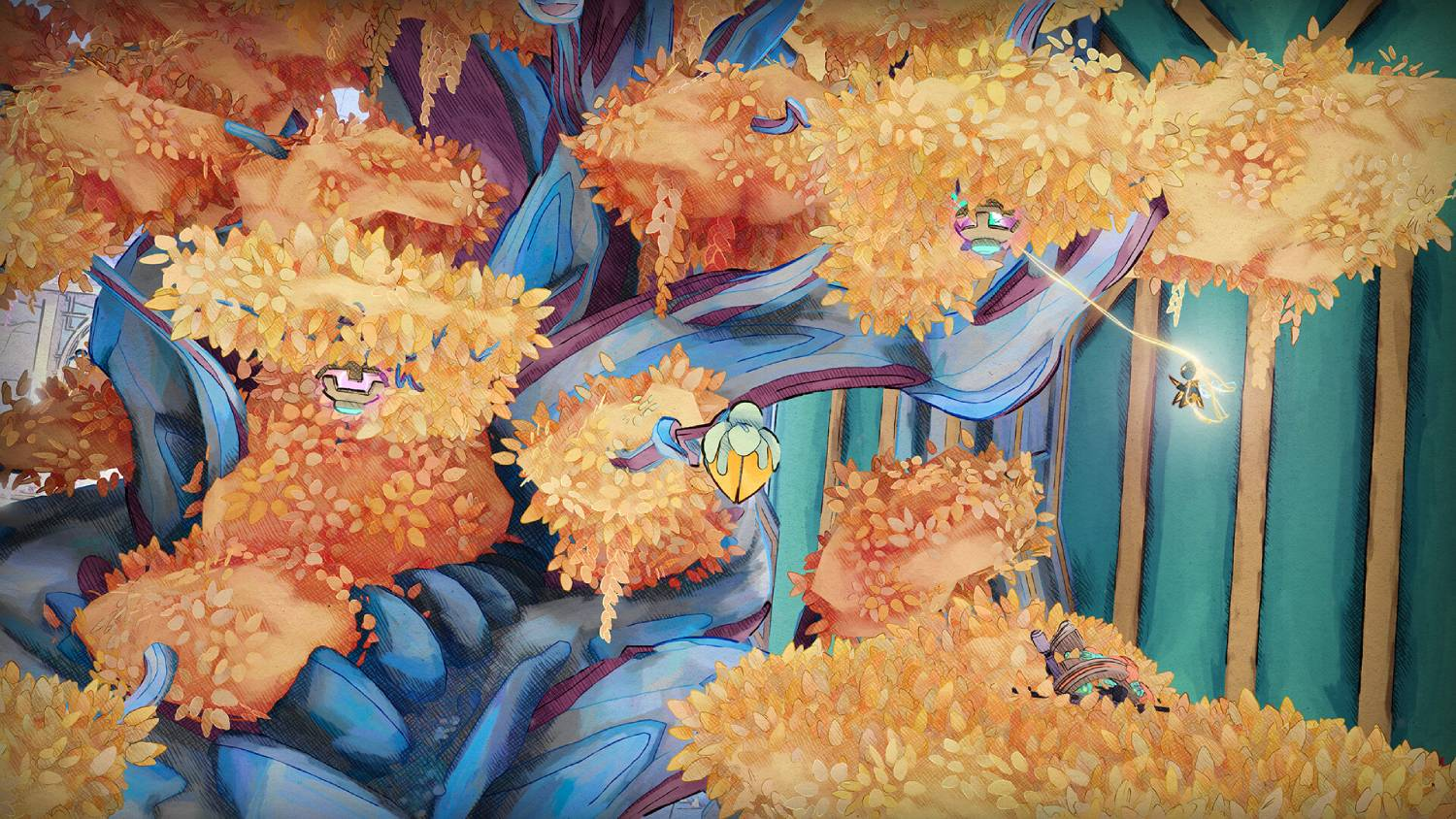 Un bosque de fantasía ilustrado presenta troncos azules, follaje amarillo brillante y pequeñas criaturas brillantes.