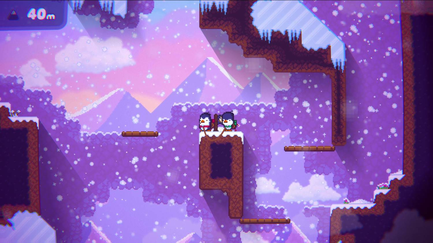 Personaje de videojuego en montañas nevadas con cielo morado.