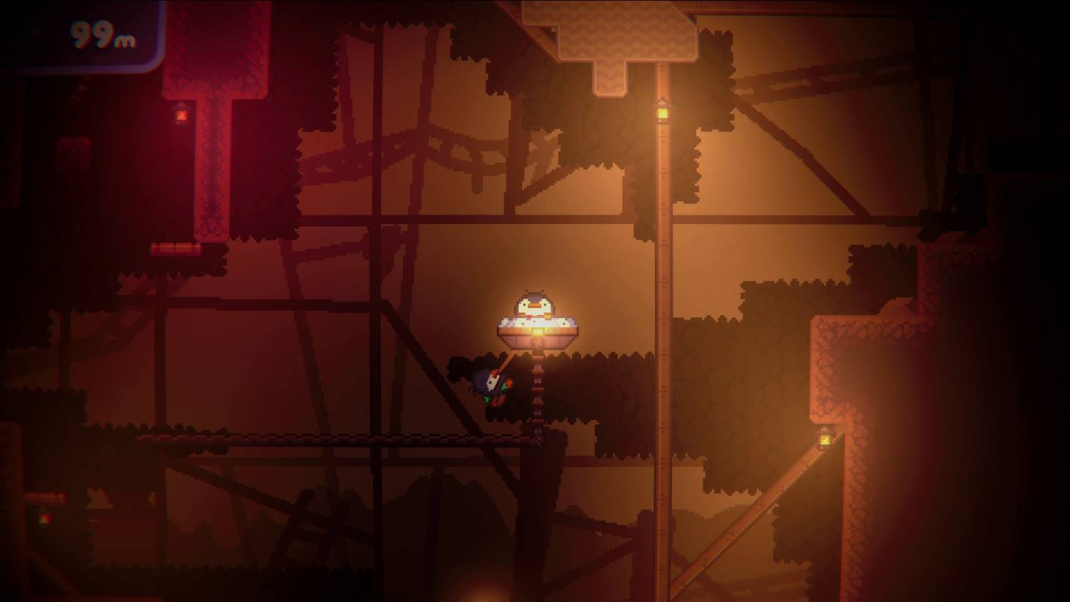Un personaje de videojuego está en una plataforma bajo luz tenue en una cueva oscura y cálida.