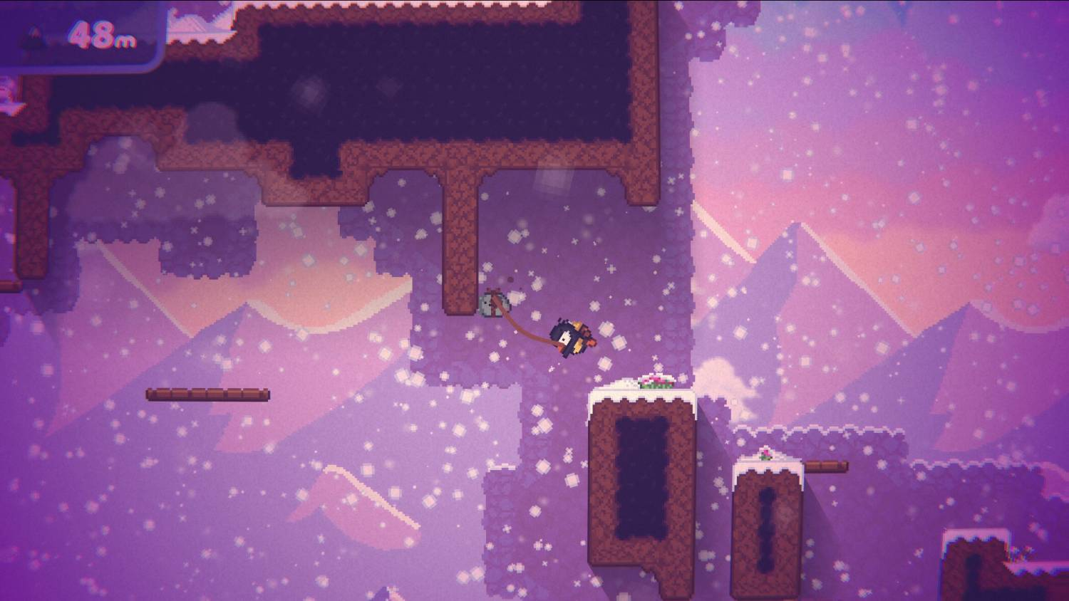 Un personaje de videojuego en un paisaje montañoso nevado al atardecer.