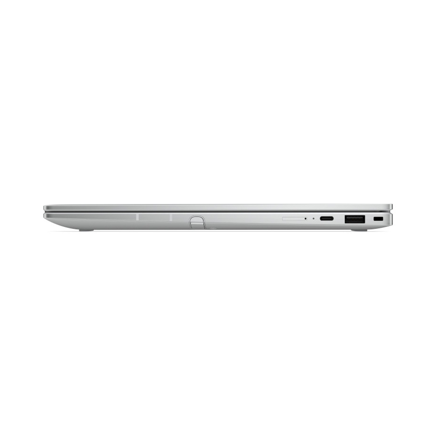 Vista laterale di un laptop argento che mostra le porte su sfondo bianco.
