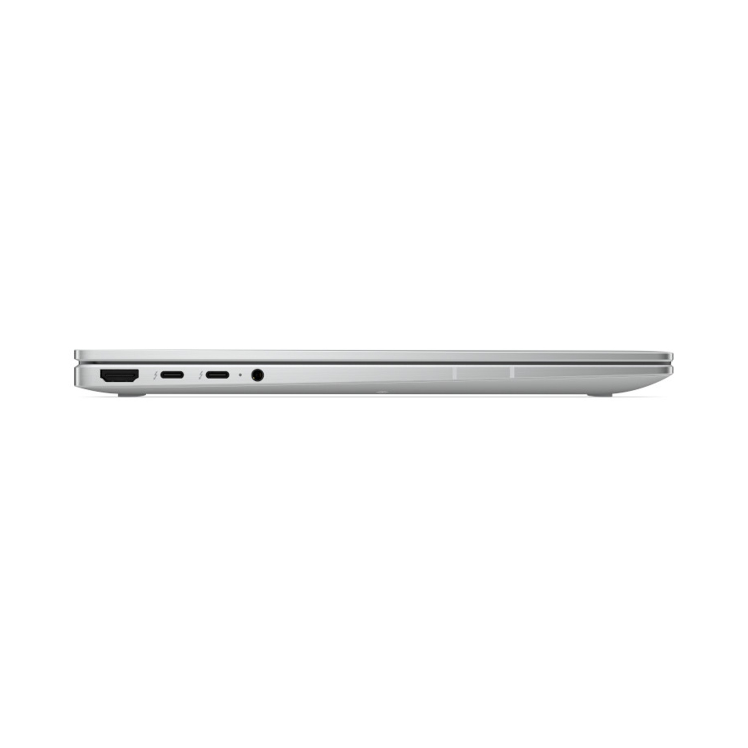 Vista laterale di un laptop argentato con porte HDMI, USB-C e audio su sfondo bianco.