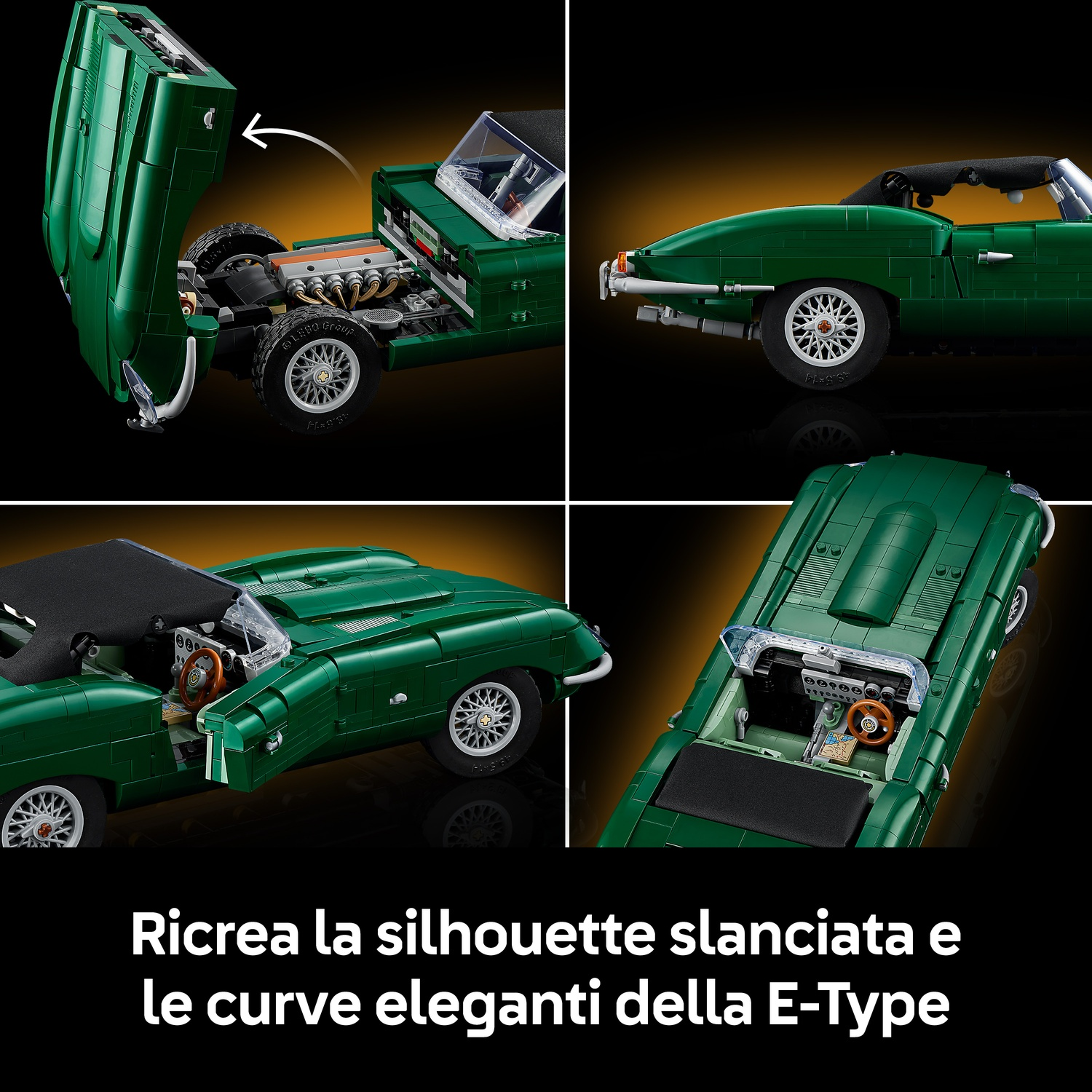 Quattro viste di un'auto Lego verde con portiere e cofano apribili, e testo in italiano in basso.
