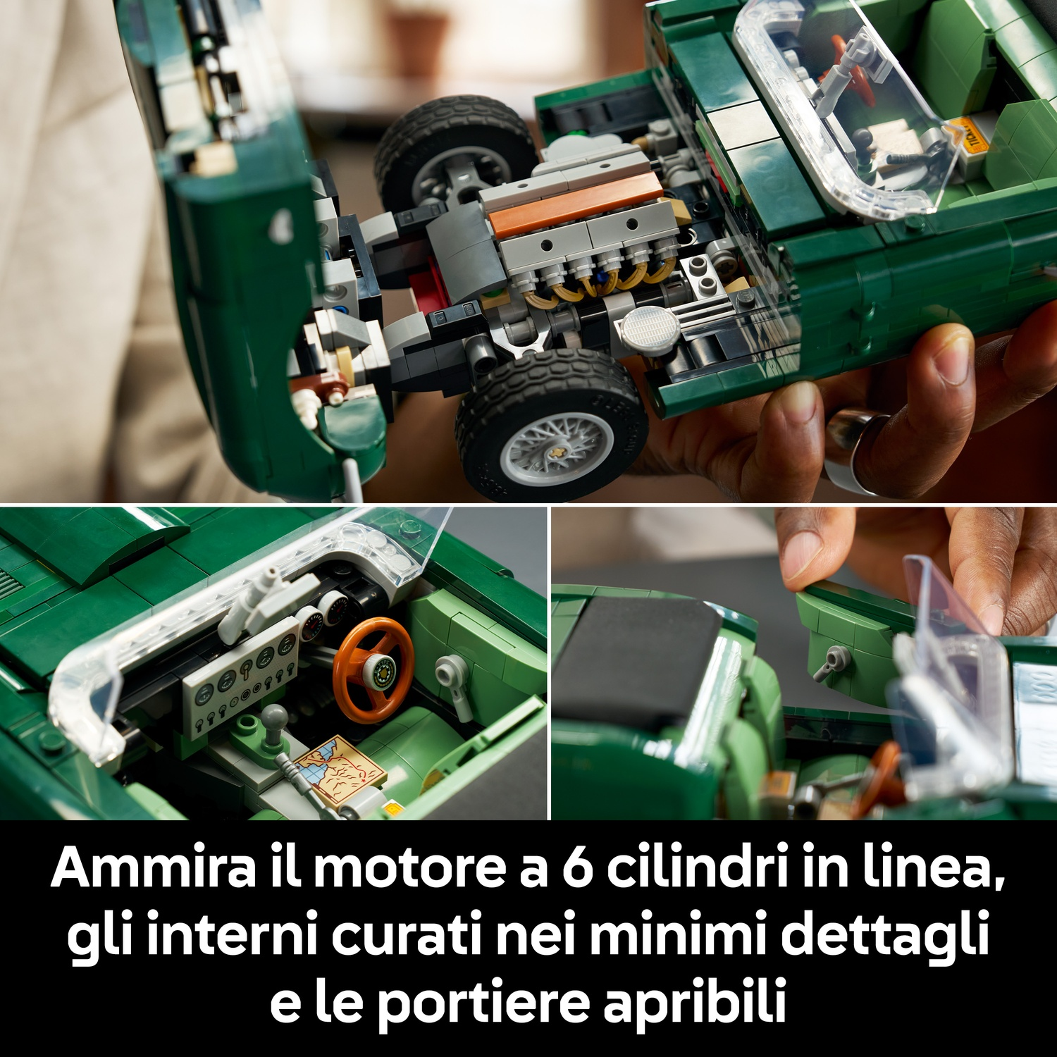 Vista dettagliata di un'auto LEGO verde con motore aperto, interni dettagliati e portiere apribili.