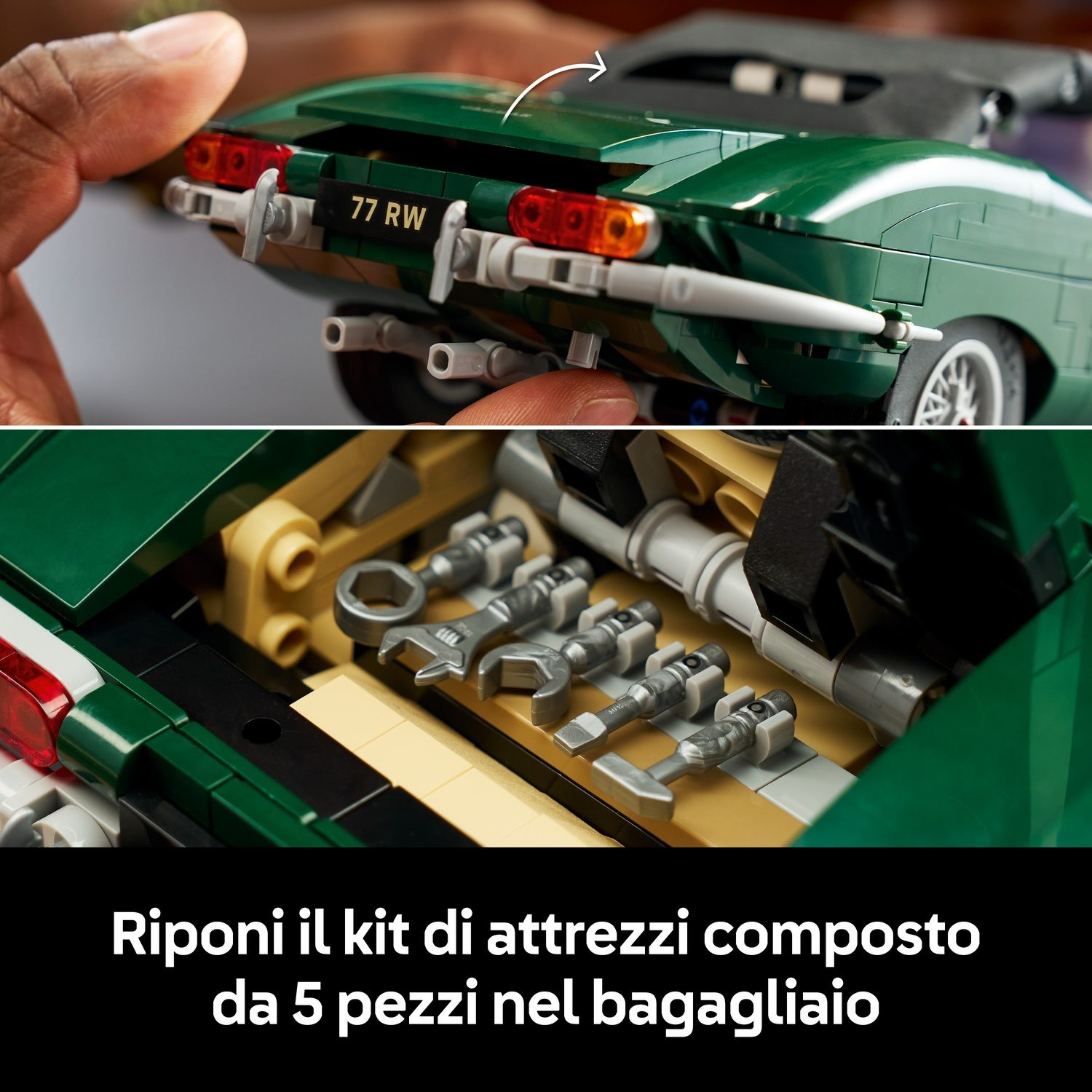 Un'auto Lego verde apre il bagagliaio per rivelare un set di attrezzi da cinque pezzi.