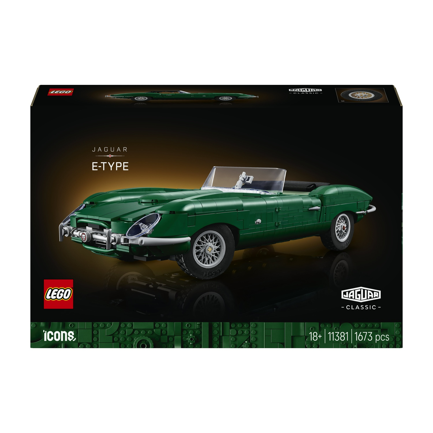 Scatola nera LEGO Icons con un'auto modello Jaguar E-Type verde sul davanti.
