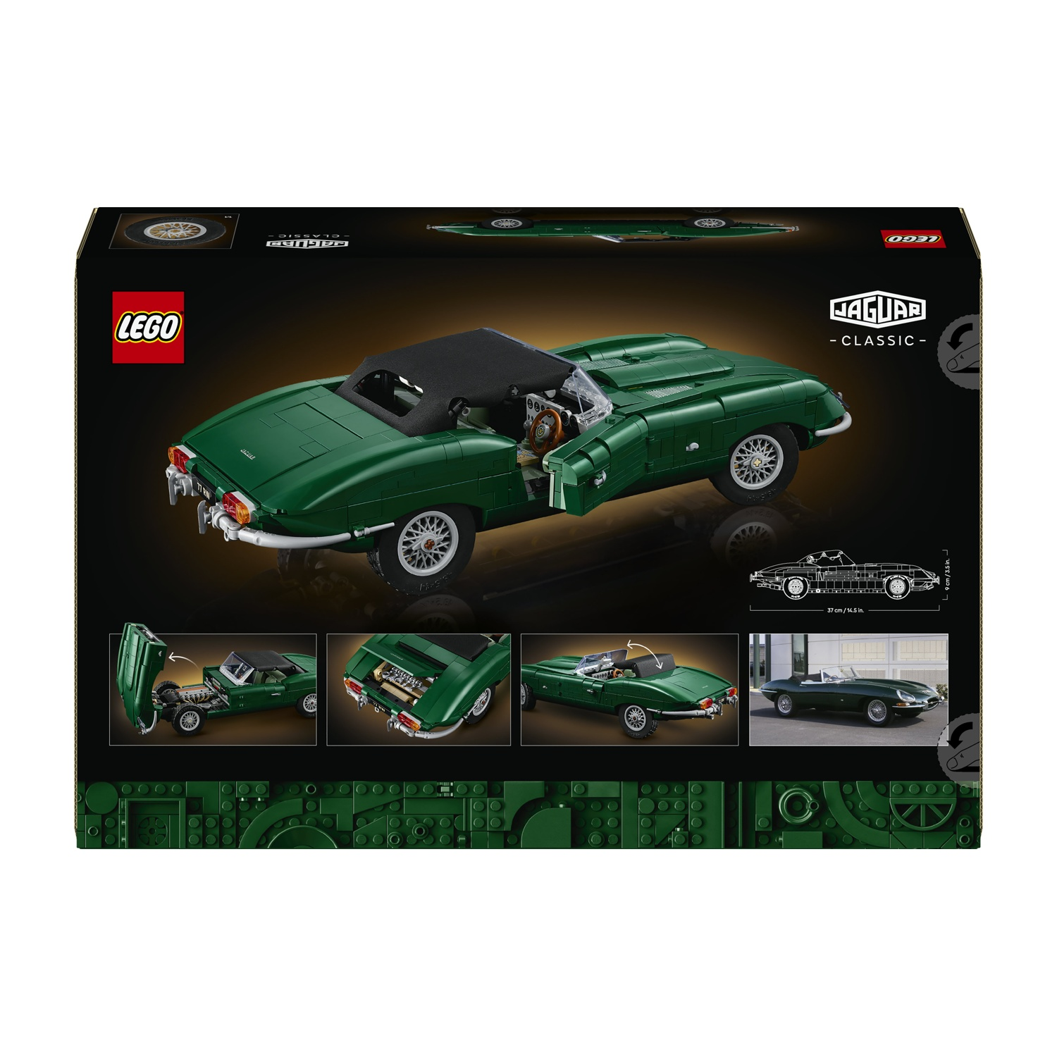 Scatola Lego con una classica auto Jaguar verde e foto dettagliate.
