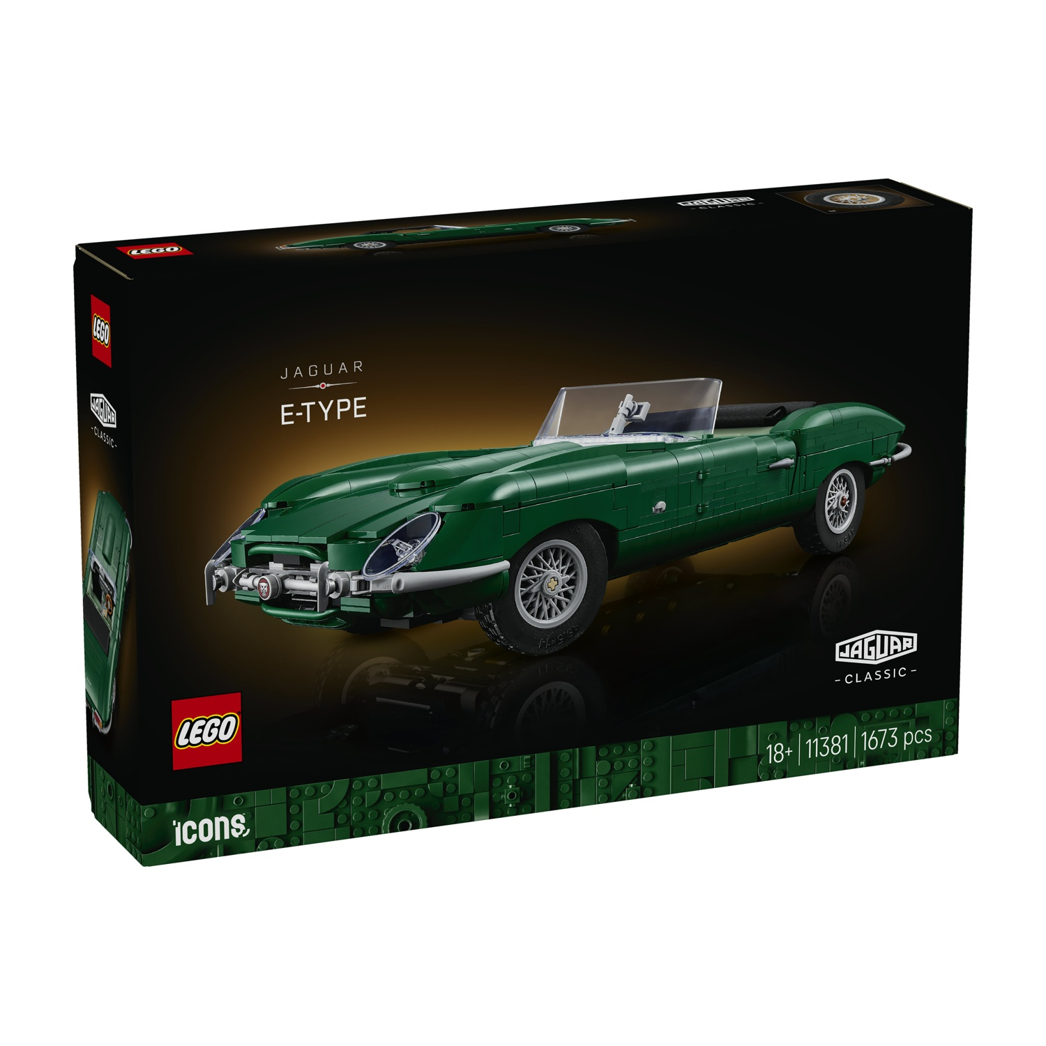 Scatola nera LEGO Icons con un'auto sportiva Jaguar E-Type verde.