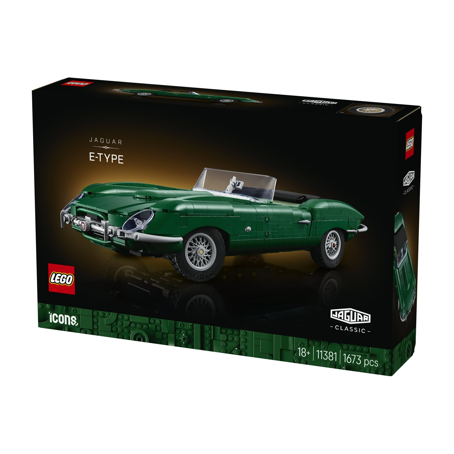 Scatola del set Lego Icons con un'auto modello Jaguar E-Type verde, 1673 pezzi.