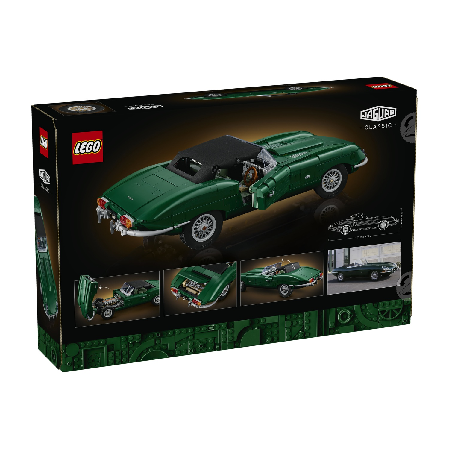 Retro di una scatola LEGO Jaguar Classic con l'auto verde costruita e foto.
