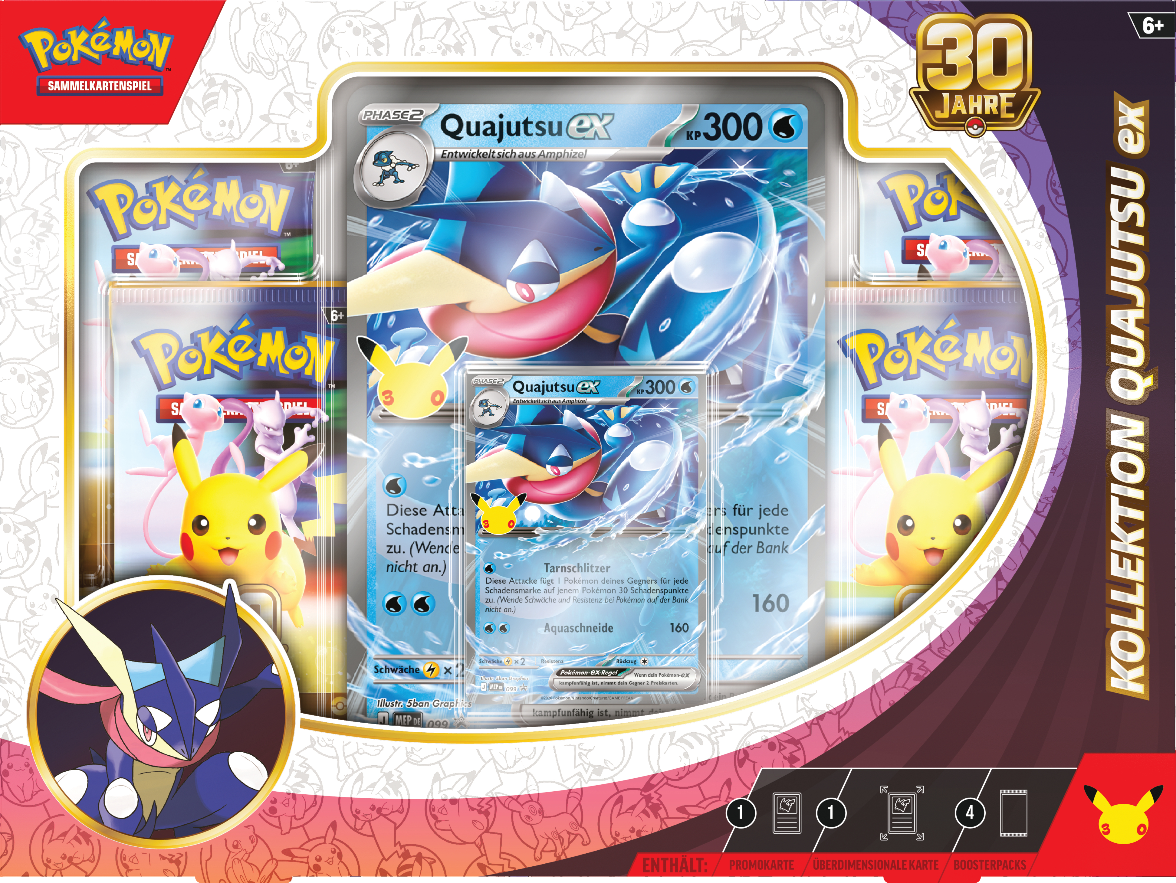 Pokémon Quajutsu ex Kollektion mit Promo-Karten und Boosterpacks in einer bunten Box.
