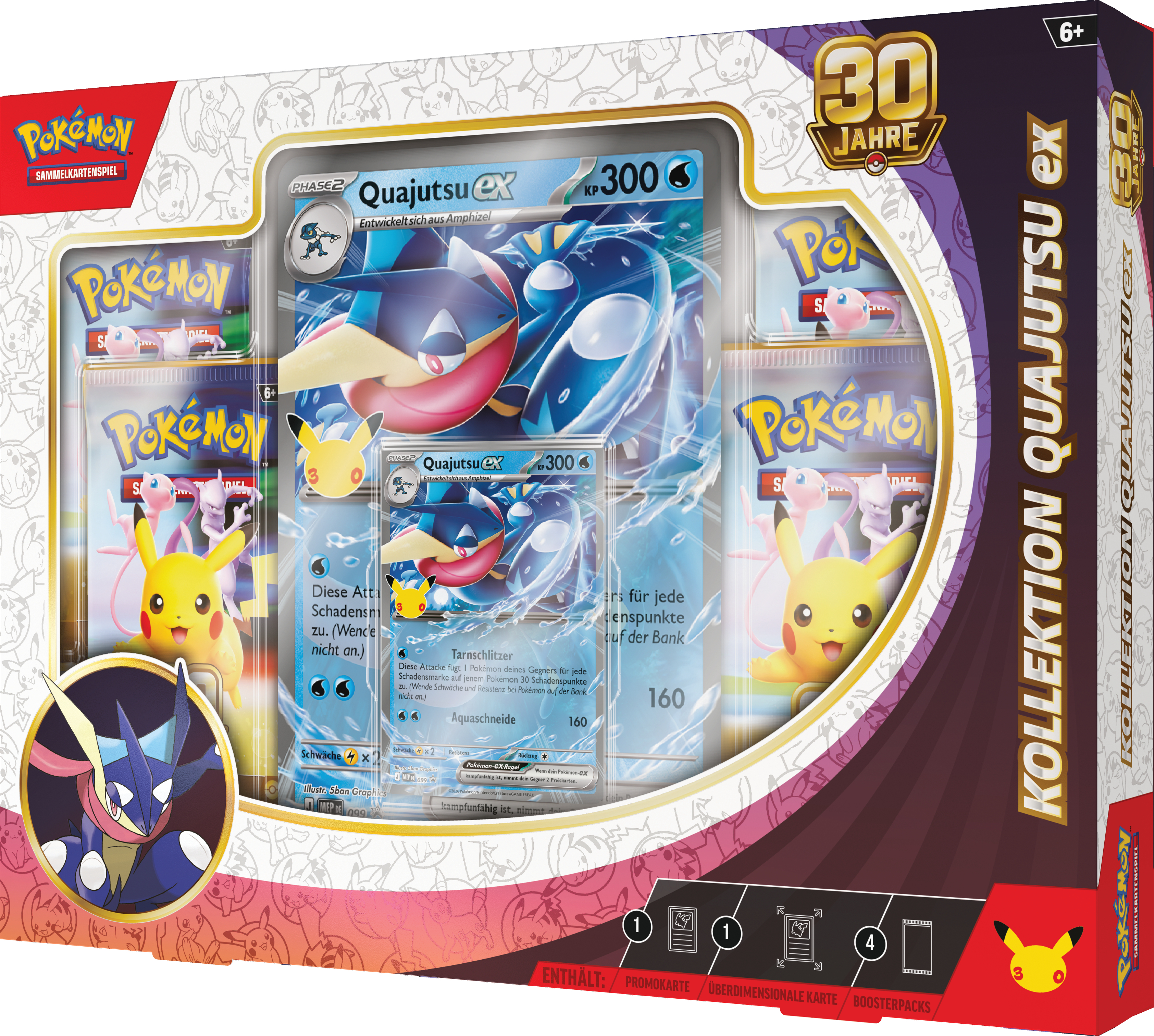 Eine Pokémon Quajutsu ex Kollektionsbox mit XXL- und normalen Karten sowie Boosterpacks.
