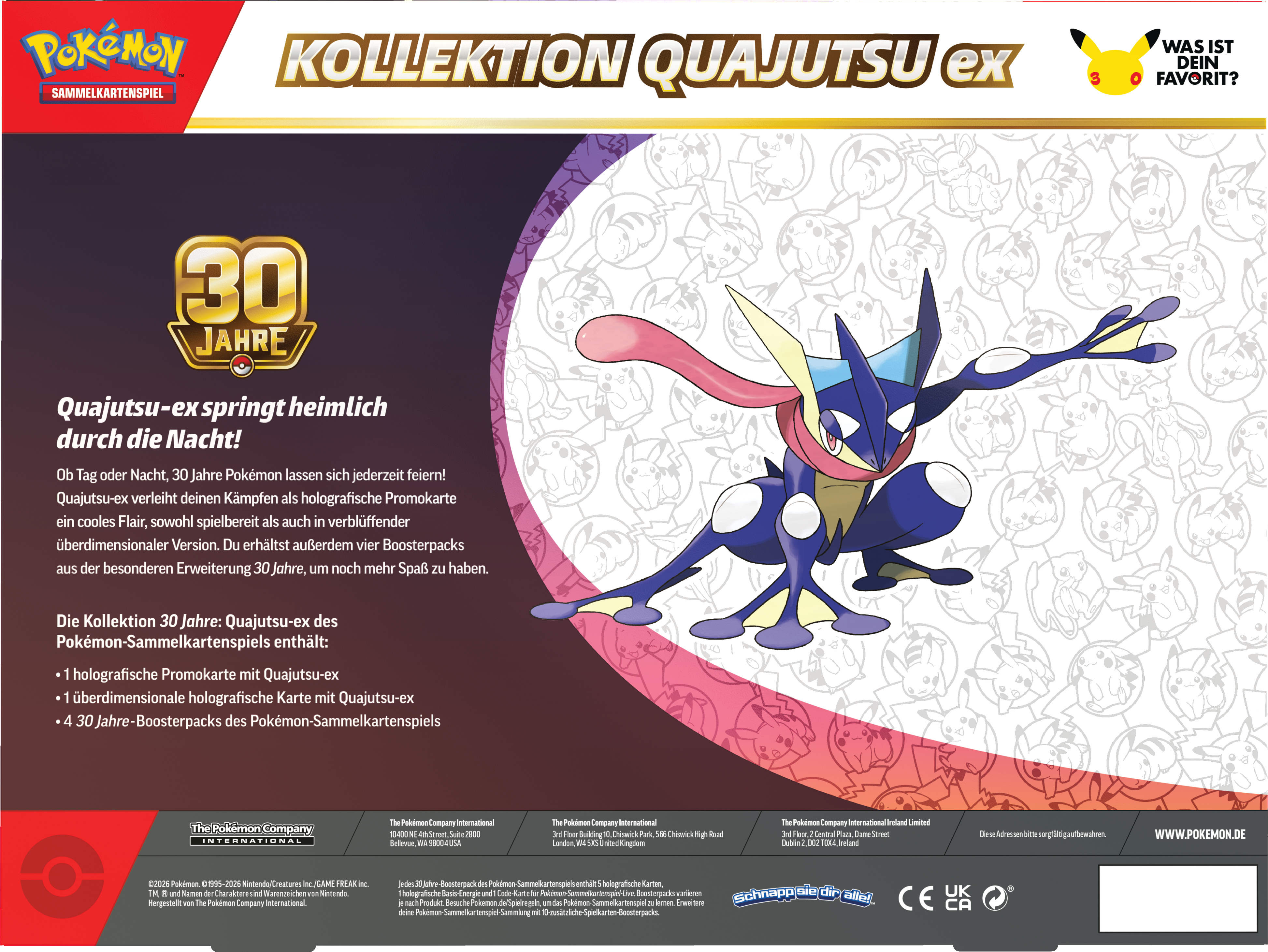 Pokémon Greninja ex Kollektion 30 Jahre Verpackung mit blauem Pokémon vor weißem Pikachu-Muster.