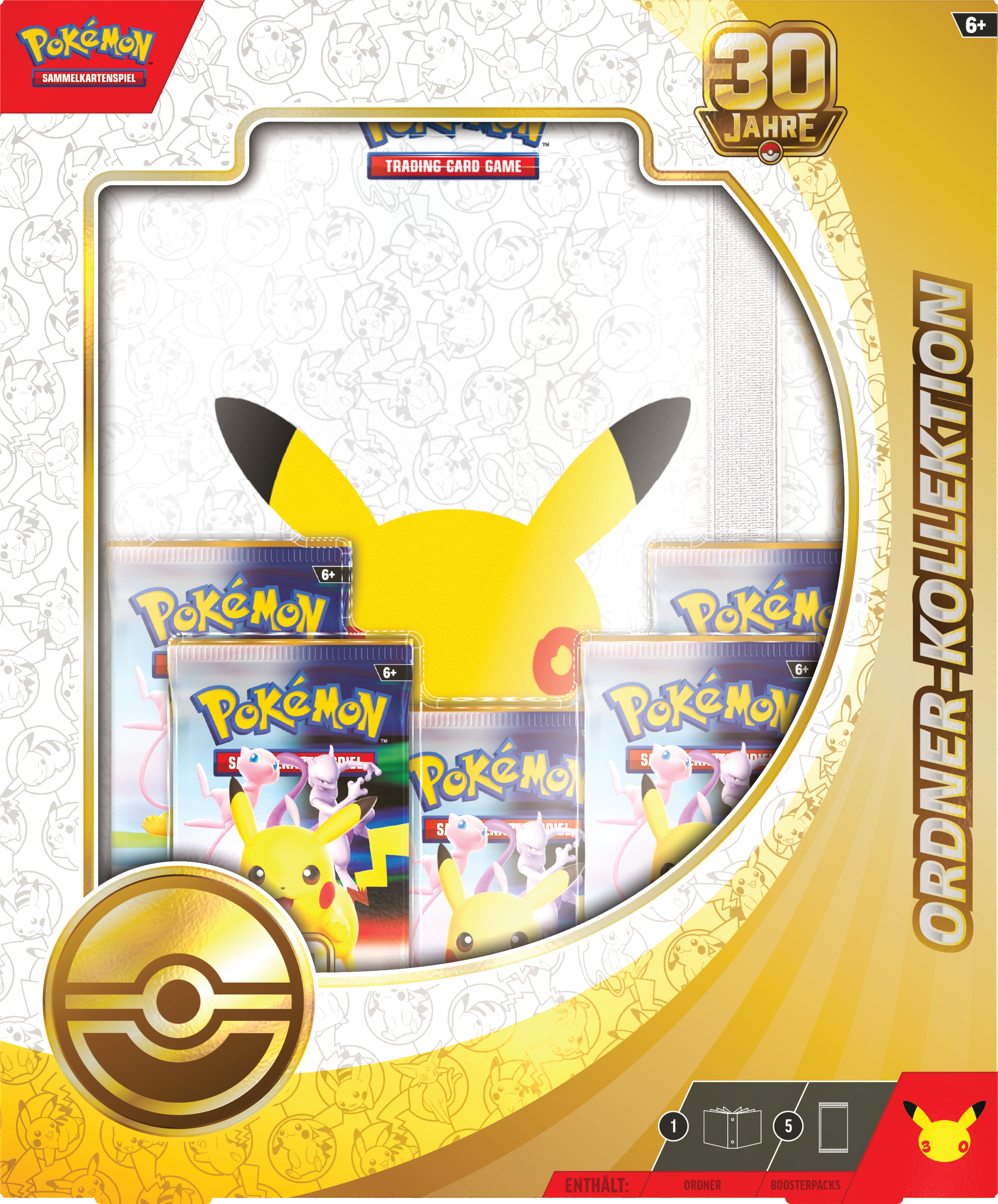 Goldene Pokemon 30 Jahre Ordner-Kollektion Box mit Boosterpacks und Pikachu-Silhouette.