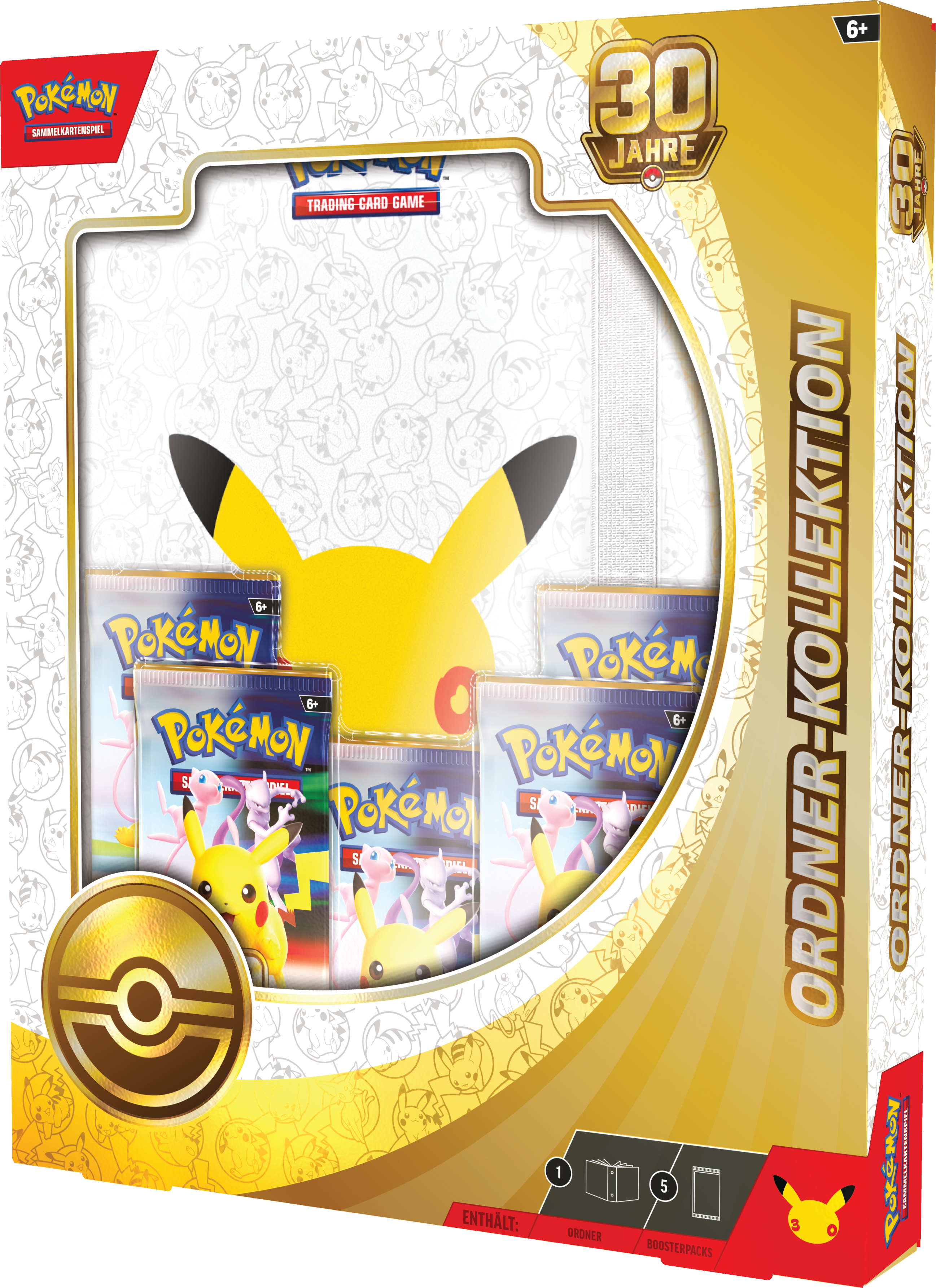 Pokémon 30 Jahre Ordner-Kollektion Box mit Pikachu und Boosterpacks.