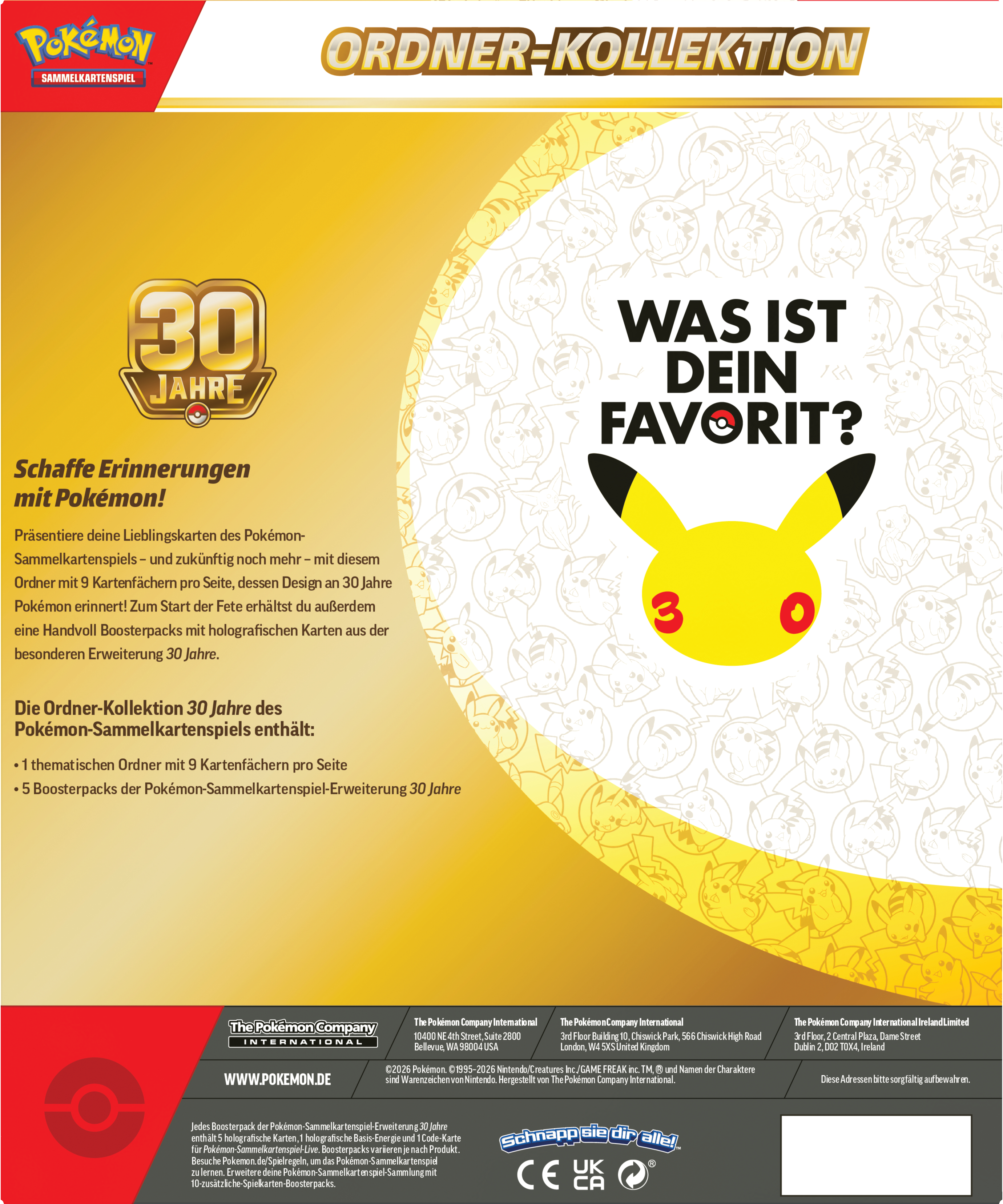 Pokémon 30 Jahre Ordner-Kollektion Werbung mit gelbem Pikachu und Textdetails.