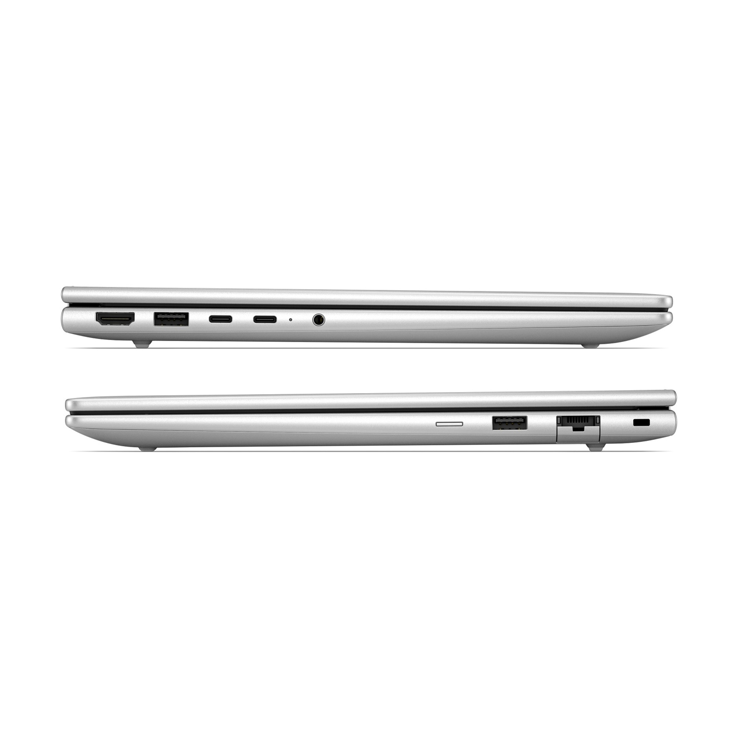 Viste laterali di un laptop argentato chiuso, con porte su entrambi i lati.