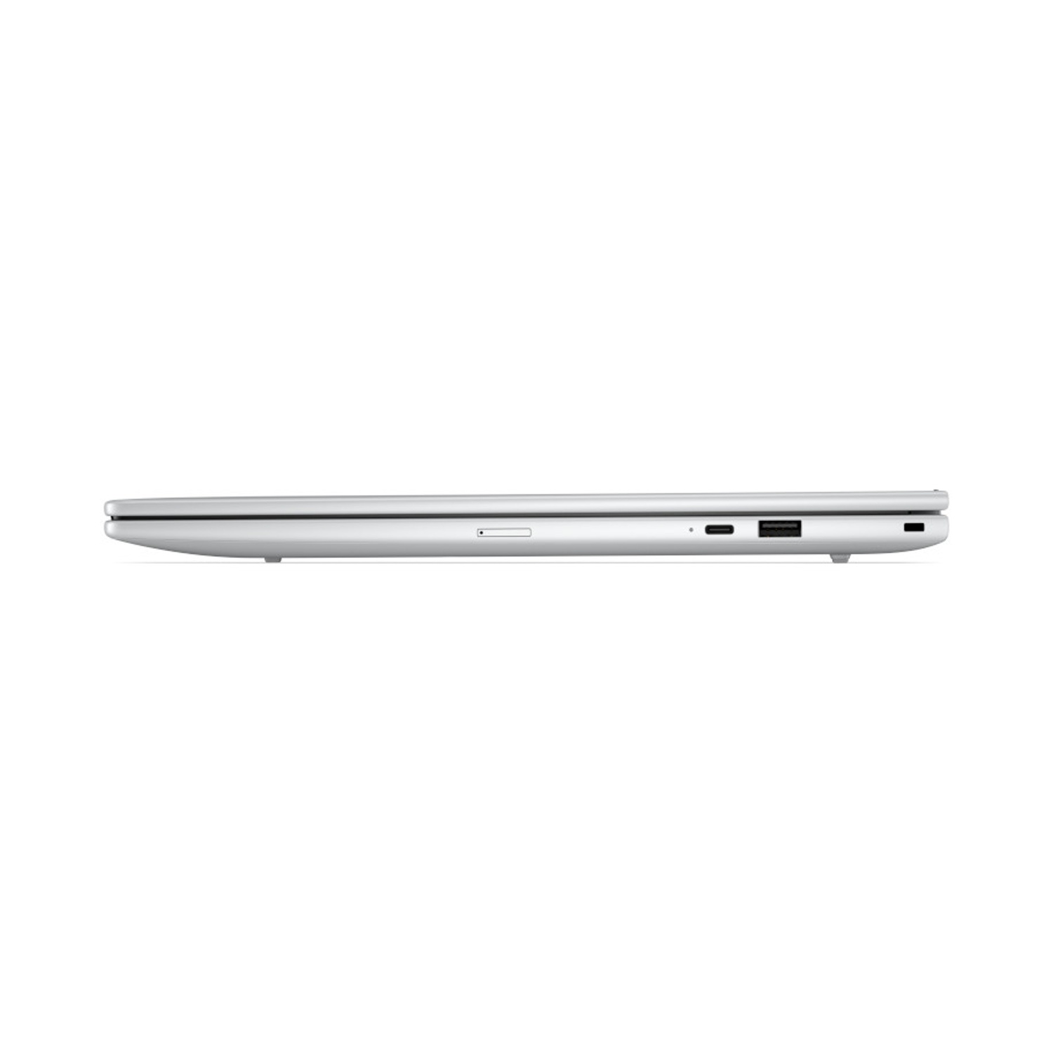 Vista laterale di un laptop argentato chiuso con porte USB su sfondo bianco.